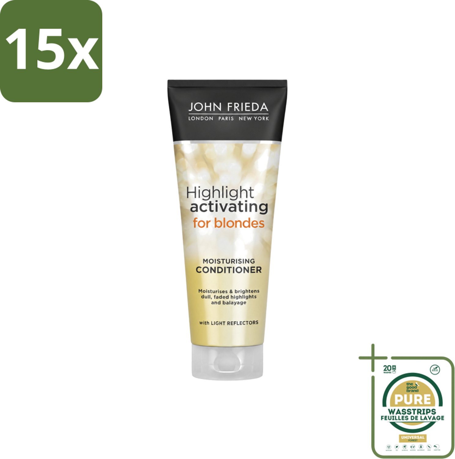 15 x John Frieda – Conditioner – Sheer Blonde – Verhelderend – 250 ml - Wasstrips - Blond Haar Verhelderen - Crèmespoeling - Haar Verzorgen - Haar Glans - Haar Verzachten