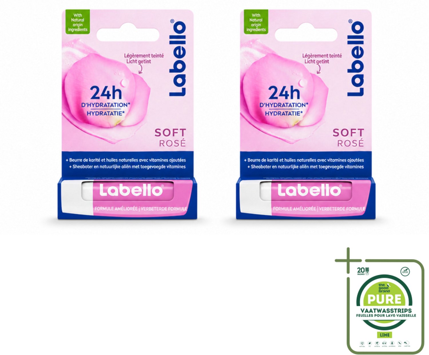 2 x Labello – Lippenbalsem – Soft Rosé – Lippenbalsem – 24H Hydratatie - Grootverpakking - Vaatwasstrips - Hydraatende Lippenbalsem - Roze Lippenbalsem - Natuurlijke Lippenverzorging - Lippenhydratatie - Rozenextract