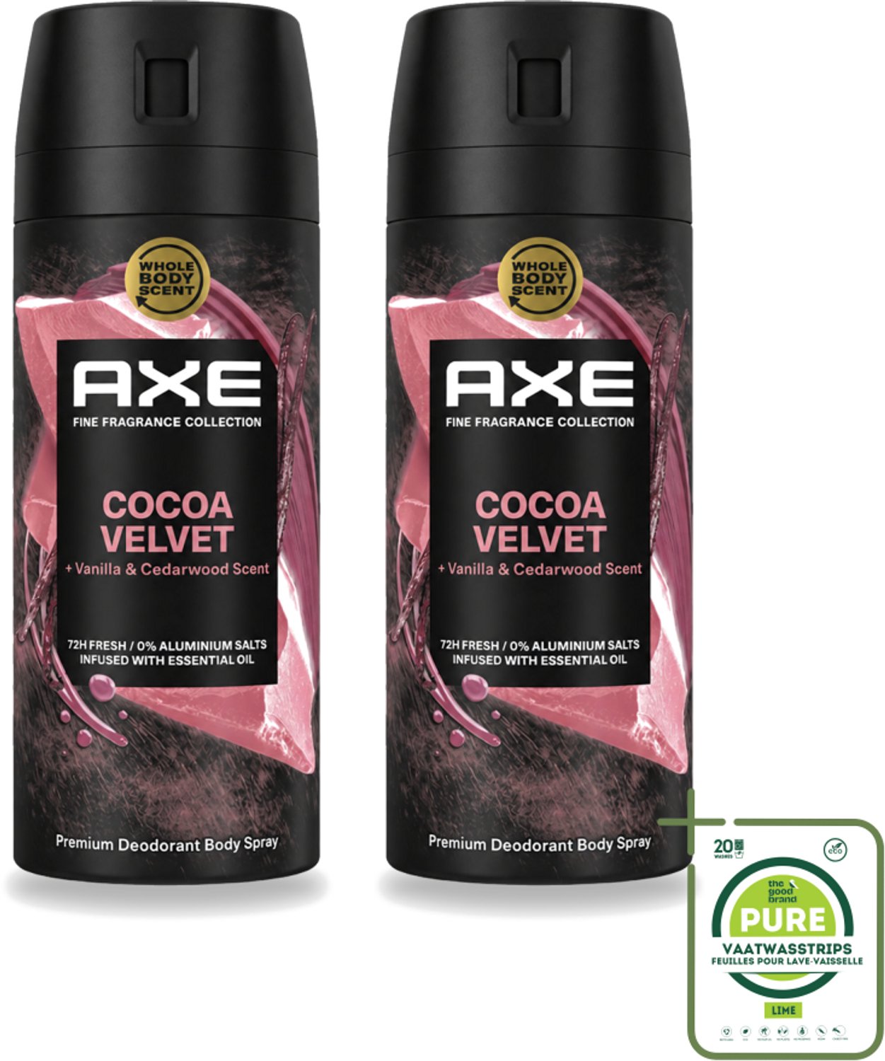 2 x Axe – Deodorant – Cocoa Velvet – 150 ml - Grootverpakking - Vaatwasstrips - Cocoa Velvet - Deodorant Bodyspray - Frisheid - Geur - Lichaamsgeur