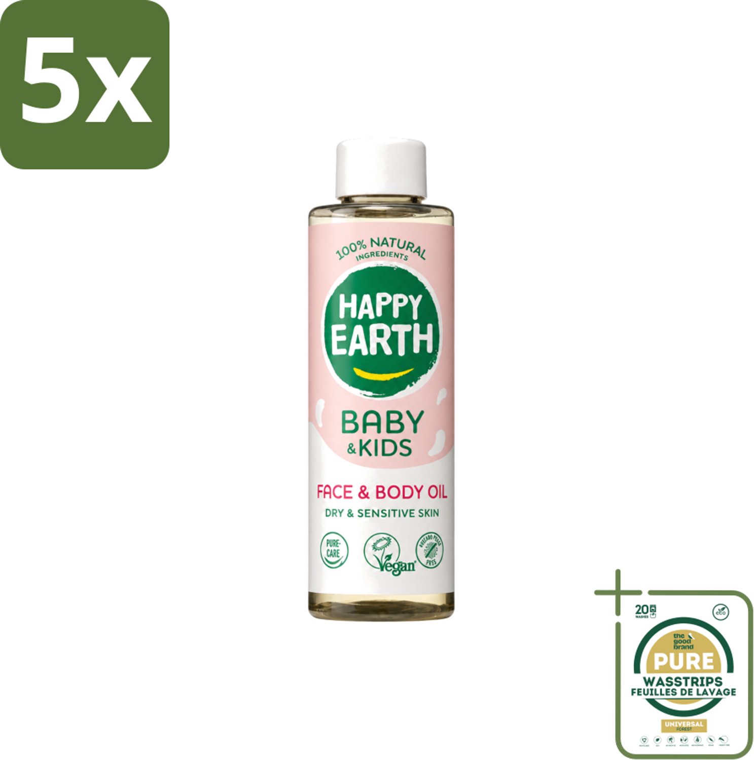 5 x Happy Earth – Face & Body Oil – 100% Natuurlijk Baby & Kids – 150 ml - Wasstrips - Babyolie - Gezichtsolie - Lichaamsoil - Natuurlijke Huidverzorging - Gevoelige Huid