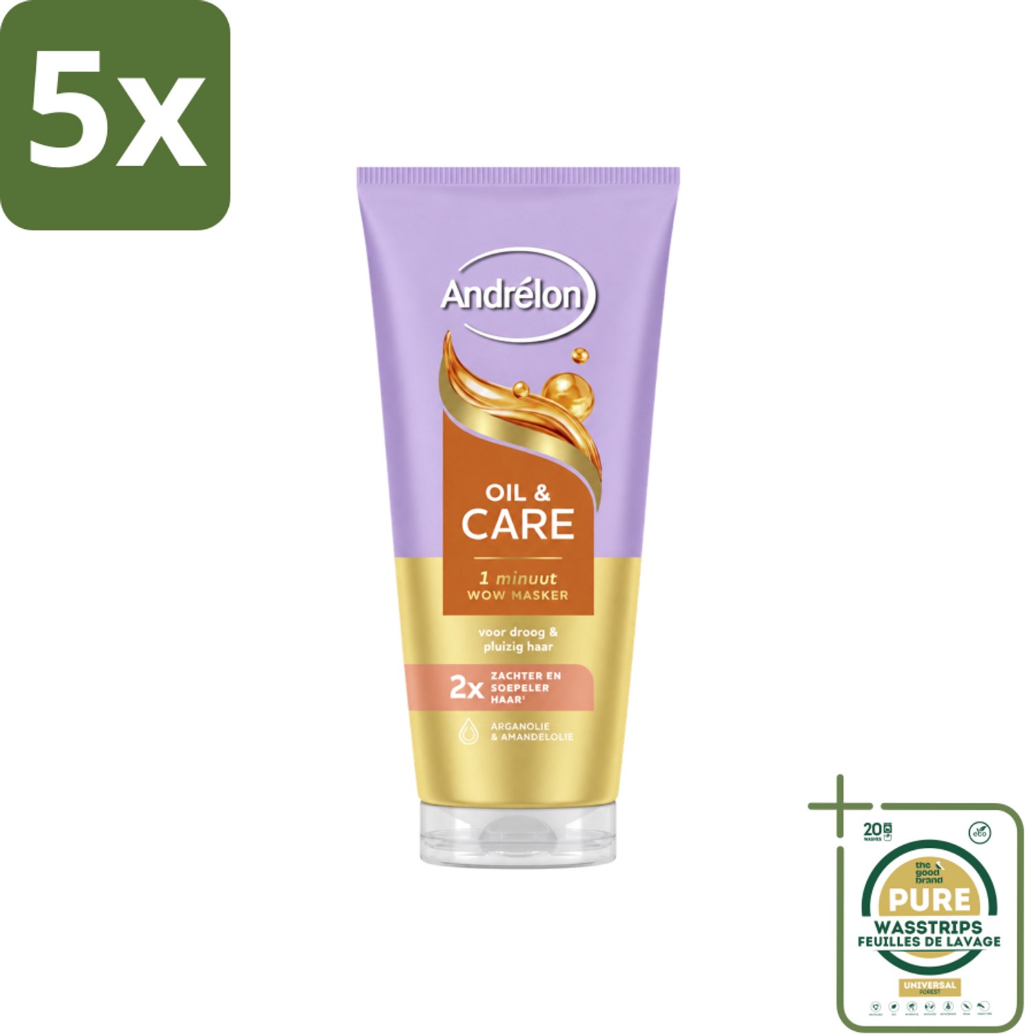 5 x Andrélon – Haarmasker WOW – Oil & Care – 180 ml - Wasstrips - Haarverzorging - Haarmasker - Pluizig Haar - Droog Haar - Arganolie