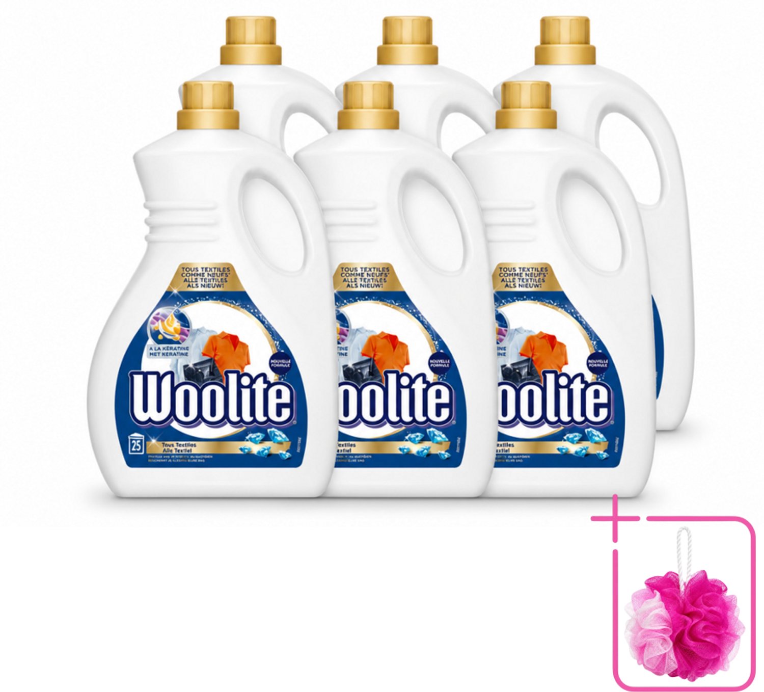 6 x Woolite - Wasmiddel - Vloeibaar Wasmiddel - Alle textiel - 25wb/1,5L - Bulkverpakking - Wasmiddel voor textiel - Douchemop - Keratine wasmiddel