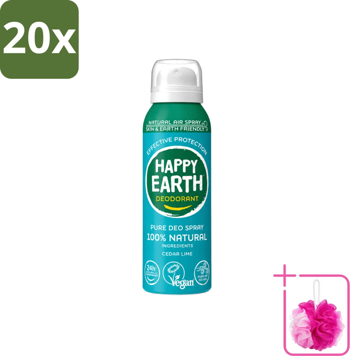 20 x Happy Earth – Deodorant Natural Air Spray – 100% Natuurlijk Cedar Lime – 100 ml - Bulkverpakking - Natuurlijke deodorant - Douchemop - Cederhout en limoen