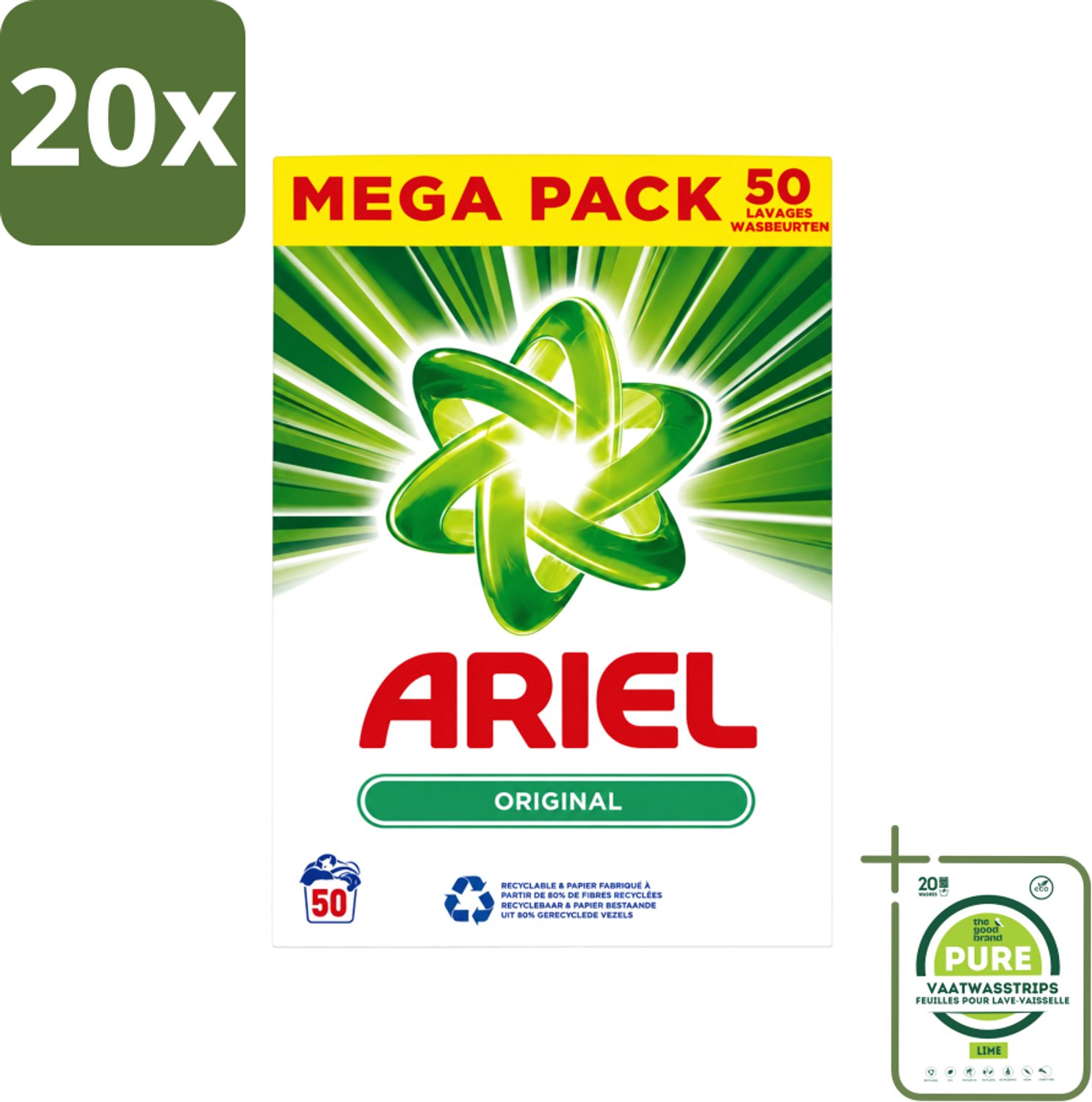 20 x Ariel Original - Waspoeder - Witte en Lichtgekleurde Was - 50 Wasbeurten - Grootverpakking - Vaatwasstrips - Waspoeder - Reiniging - Wasmachine - Energiebesparing - Milieuvriendelijk