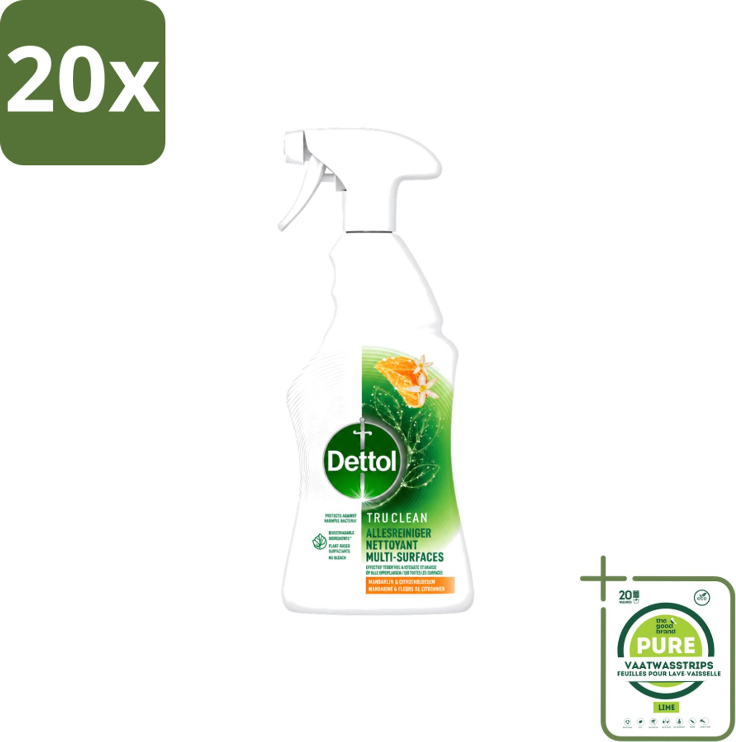 20 x Dettol Tru Clean - Allesreiniger - Spray - Mandarijn & Citroenbloesem - Multi-Oppervlakken - 500ml - Grootverpakking - Vaatwasstrips - Allesreiniger - Reinigen - Kalkaanslag - Vuil - Natuurlijke Ingrediënten