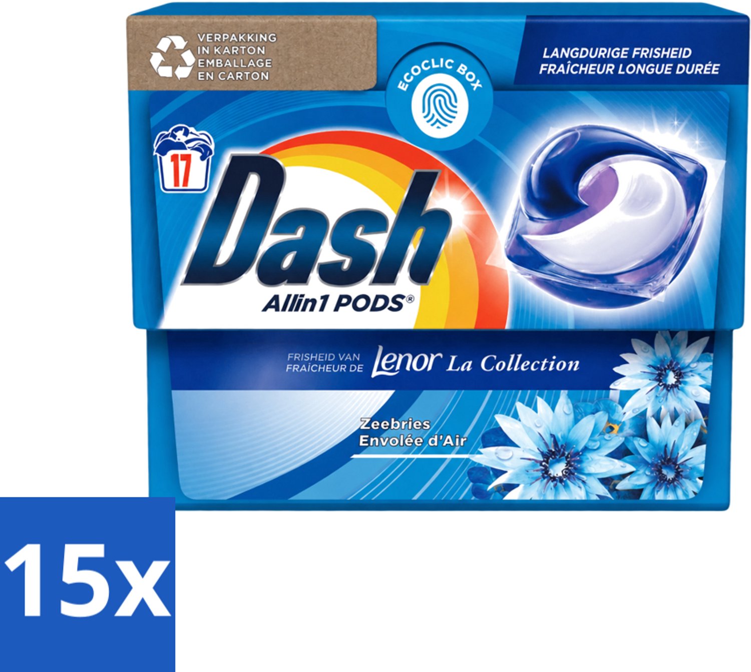 15 x Dash - Lenor Collectie - Wasmiddel Capsules - All-in-1 Pods - Witte en Gekleurde Was - Zeebries - 17 Wasbeurten - Voordeelverpakking - 15 stuks