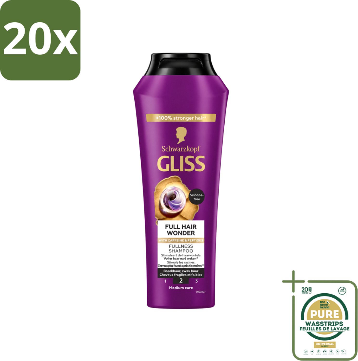 20 x Gliss Shampoo Full Hair Wonder - 250 ml - Wasstrips - Haarversterkend Shampoo - Volume Shampoo - Fijn Haar Shampoo - Dun Haar Shampoo - Biotine Shampoo