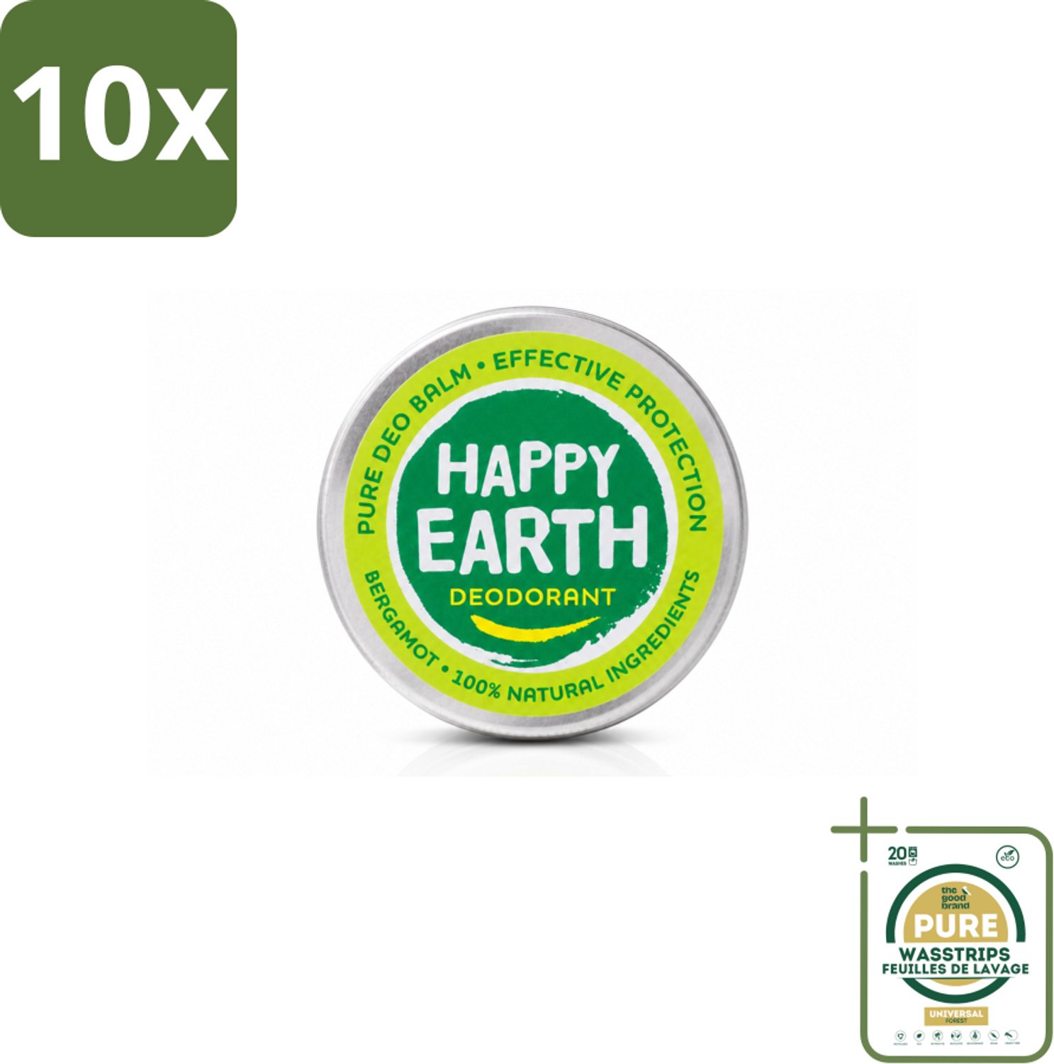 10 x Happy Earth – Deodorant Balm – 100% Natuurlijk Bergamot – 45 g - Wasstrips - Natuurlijke Deodorant - Bergamot Geur - Vegan Deodorant - Huidvriendelijke Deodorant - Anti-geur Balm