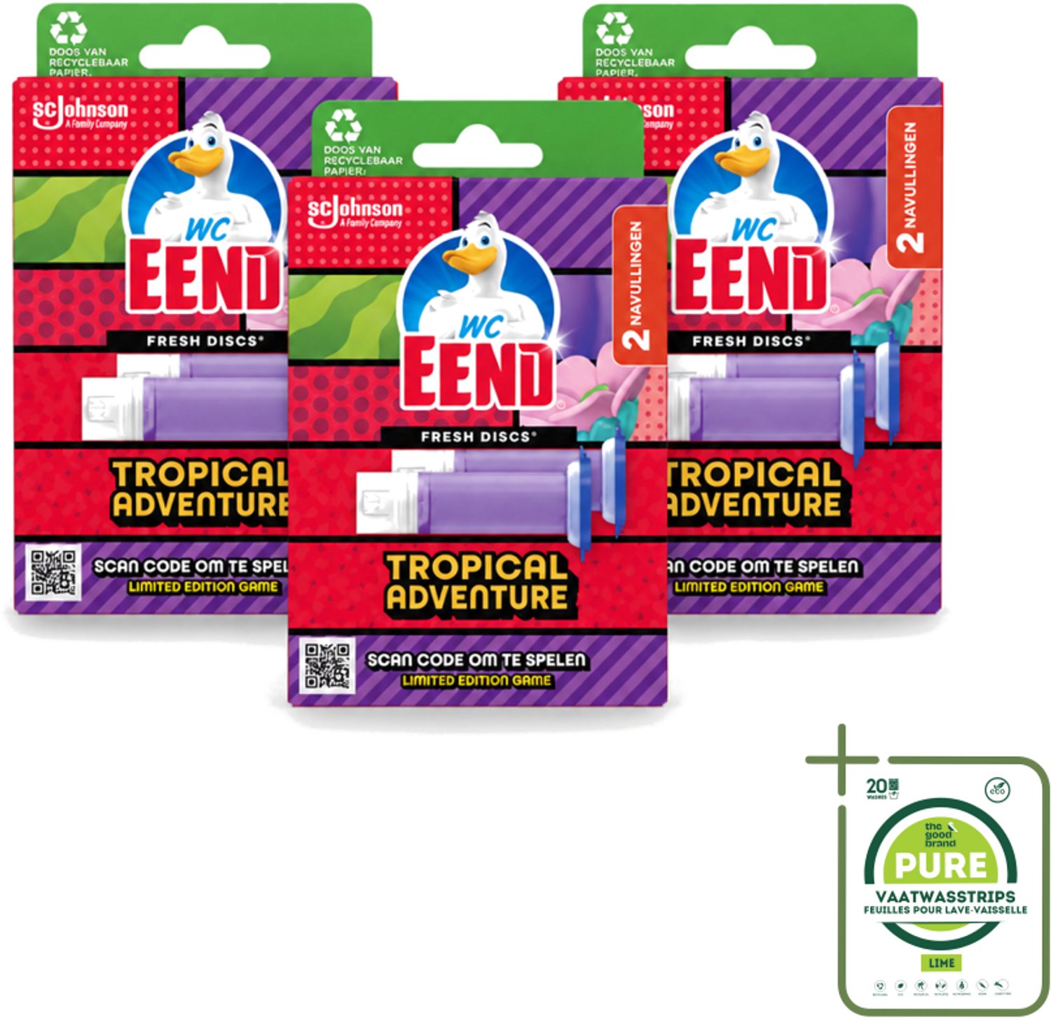 3 x WC Eend – Fresh Discs – Duo Navulling – Tropical Adventure – 72 ml - Grootverpakking - Vaatwasstrips - Toilet Reinigen - Toilet Geur - Toilet Hygiëne - Toilet Schoon - Toilet Fris