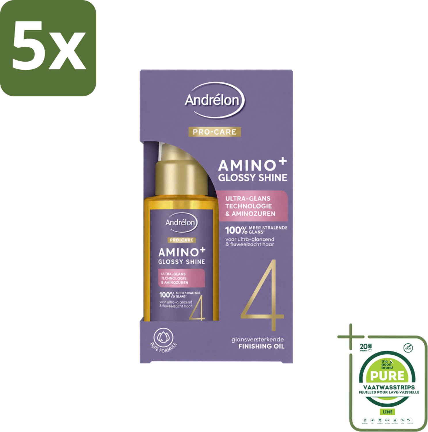 5 x Andrélon – Finishing Oil – Pro Care Amino+ Glossy Shine – 50 ml - Grootverpakking - Vaatwasstrips - Glans Haar - Pluisvrij Haar - Aminozuren Haar - Stralend Haar - Haarpunt Verzorging