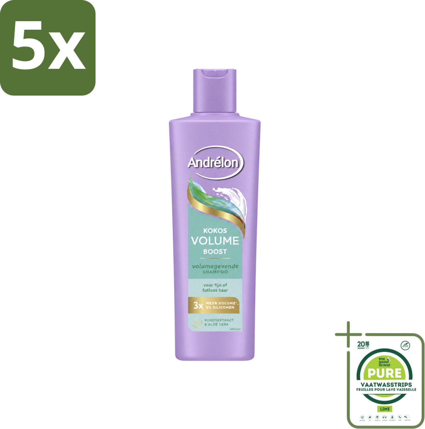 5 x Andrélon – Shampoo – Volume Boost – 250 ml - Grootverpakking - Vaatwasstrips - Haar Volume - Kokos Shampoo - Volume Boost - Fijn Haar - Futloos Haar