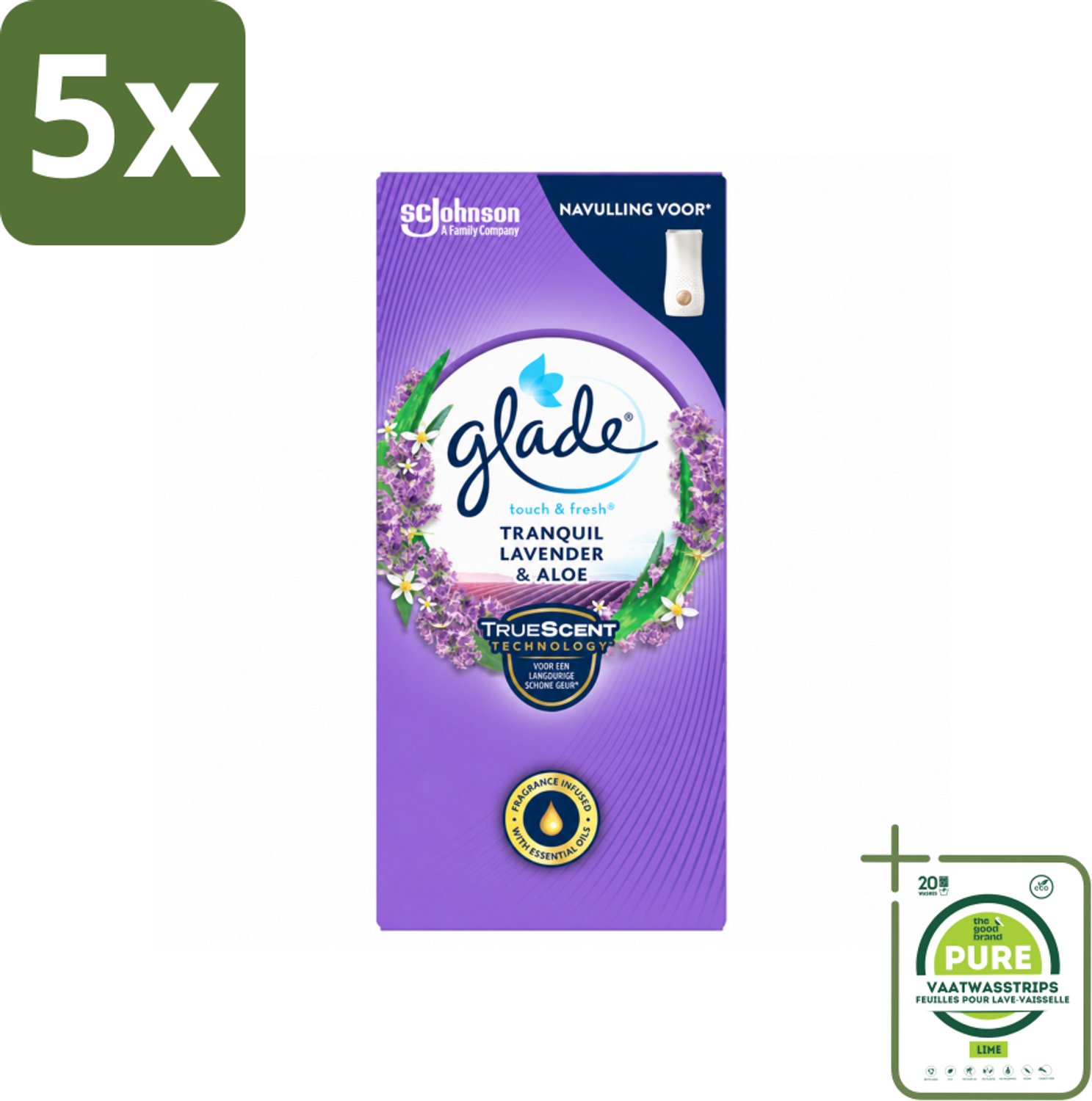 5 x Glade – Touch & Fresh Navulling – Tranquil Lavender & Aloe – 10 ml - Grootverpakking - Vaatwasstrips - Lavendel En Aloë Luchtverfrisser - Compacte Geurboost - Touch & Fresh Navulling - Glade Lavendel Geur