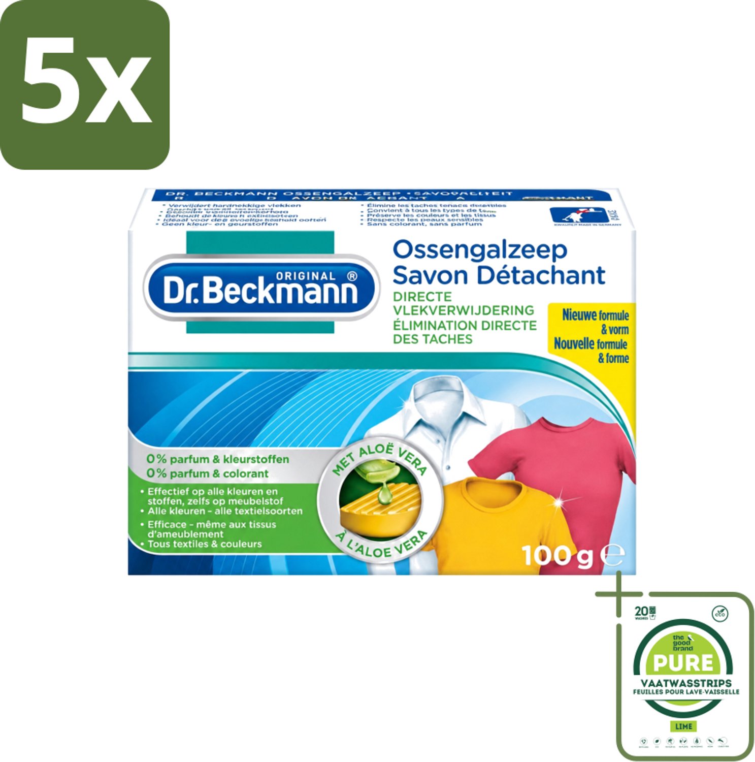 5 x Dr.Beckmann - Vlekkenverwijderaar - Ossengalzeep Met Aloë Vera - Witte en Gekleurde Was - 100g - Grootverpakking - Vaatwasstrips - Vlekkenverwijderaar - Textiel Reinigen - Tapijt Reinigen - Meubel Reinigen - Aloë Vera