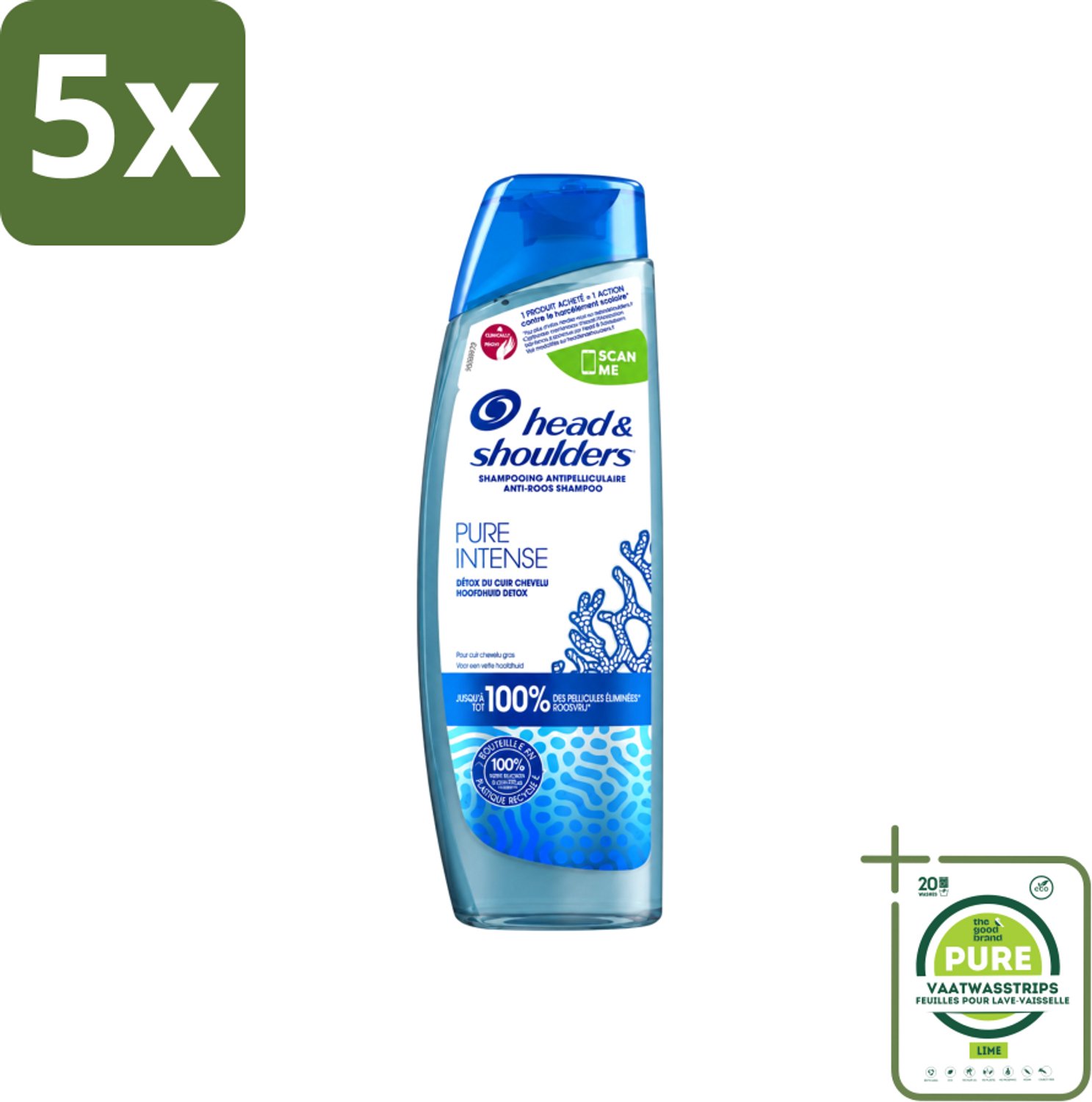 5 x Head & Shoulders - Anti-Roos Shampoo - Pure Intense - Hoofdhuid Detox - 250 ml - Grootverpakking - Vaatwasstrips - Hoofdhuid Detox - Roosbestrijding - Hoofdhuid Reinigen - Schone Hoofdhuid - Haar Gezond