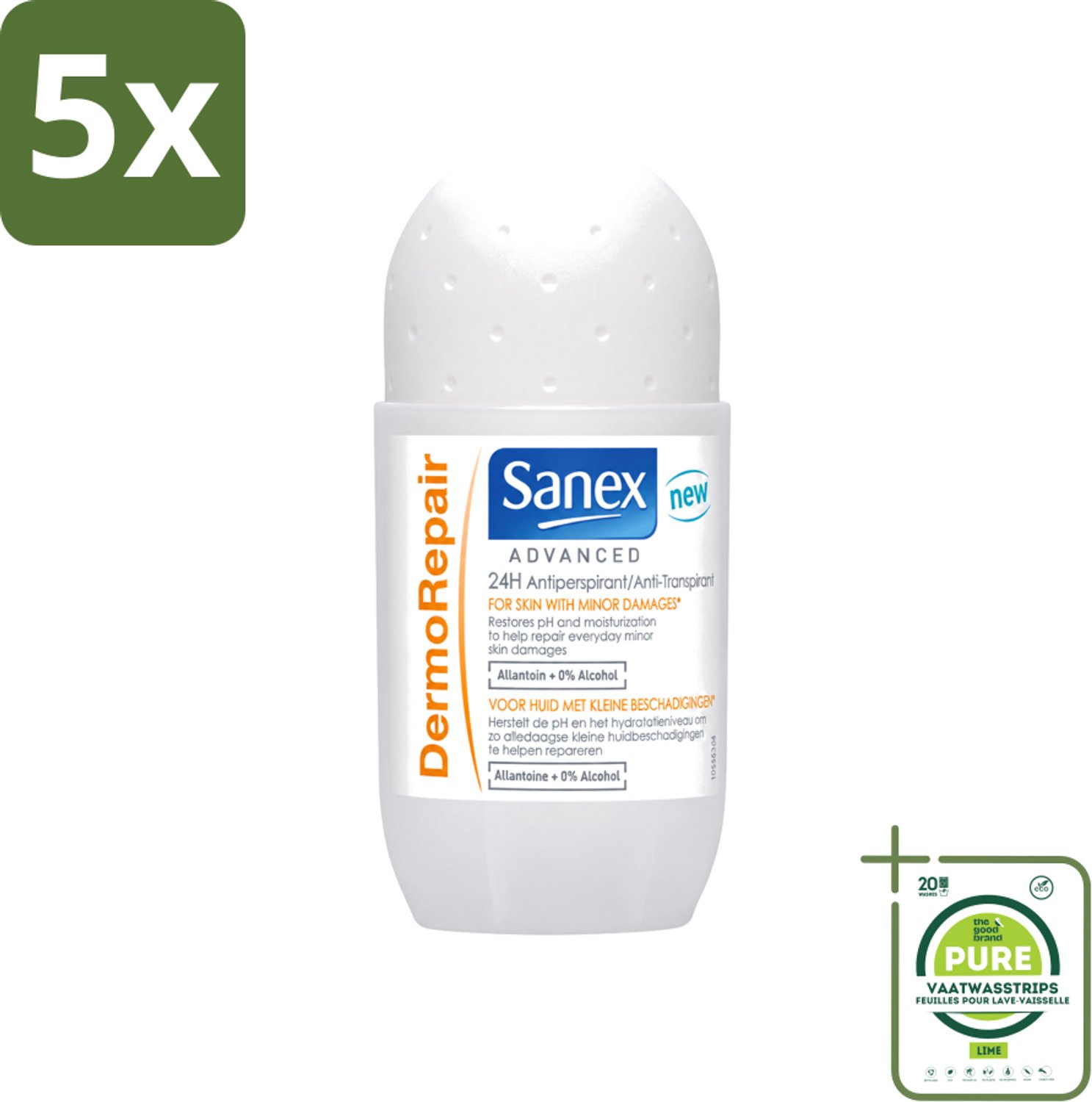 5 x Sanex Advanced - Dermo Repair - Deodorant Roller - 24h Anti-Transpirant - 0% Alcohol - 50 ml - Grootverpakking - Vaatwasstrips - 24h Anti-transpirant - Huidherstel - Huidverzorging - Deodorant Roller - Anti-geur