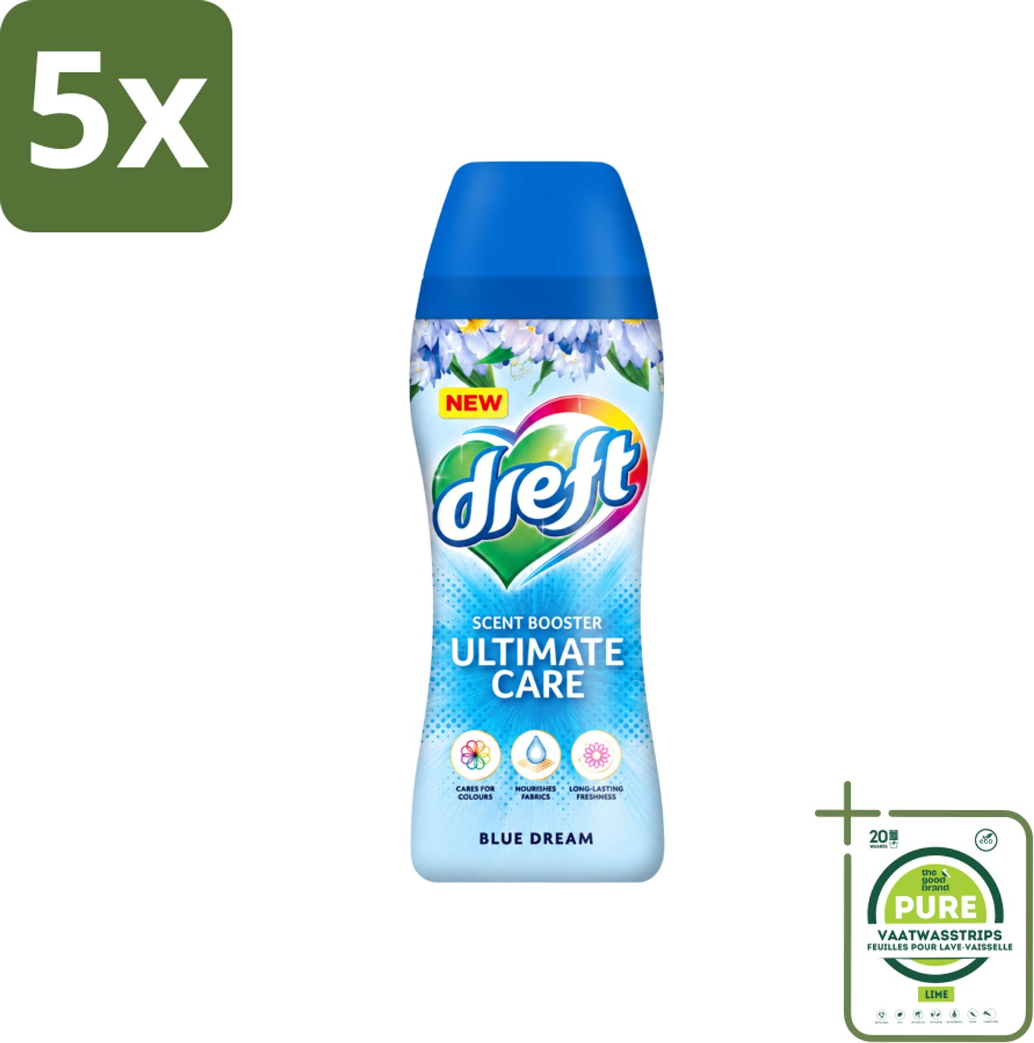 5 x Dreft - Ultimate Care - Wasverzachter - Geurbooster - Gekleurde Was - Blauwe Droom - 15 Wasbeurten - Grootverpakking - Vaatwasstrips - Wasmiddel - Geurbooster - Wasverzachter - Kleurbescherming - Wasgeur