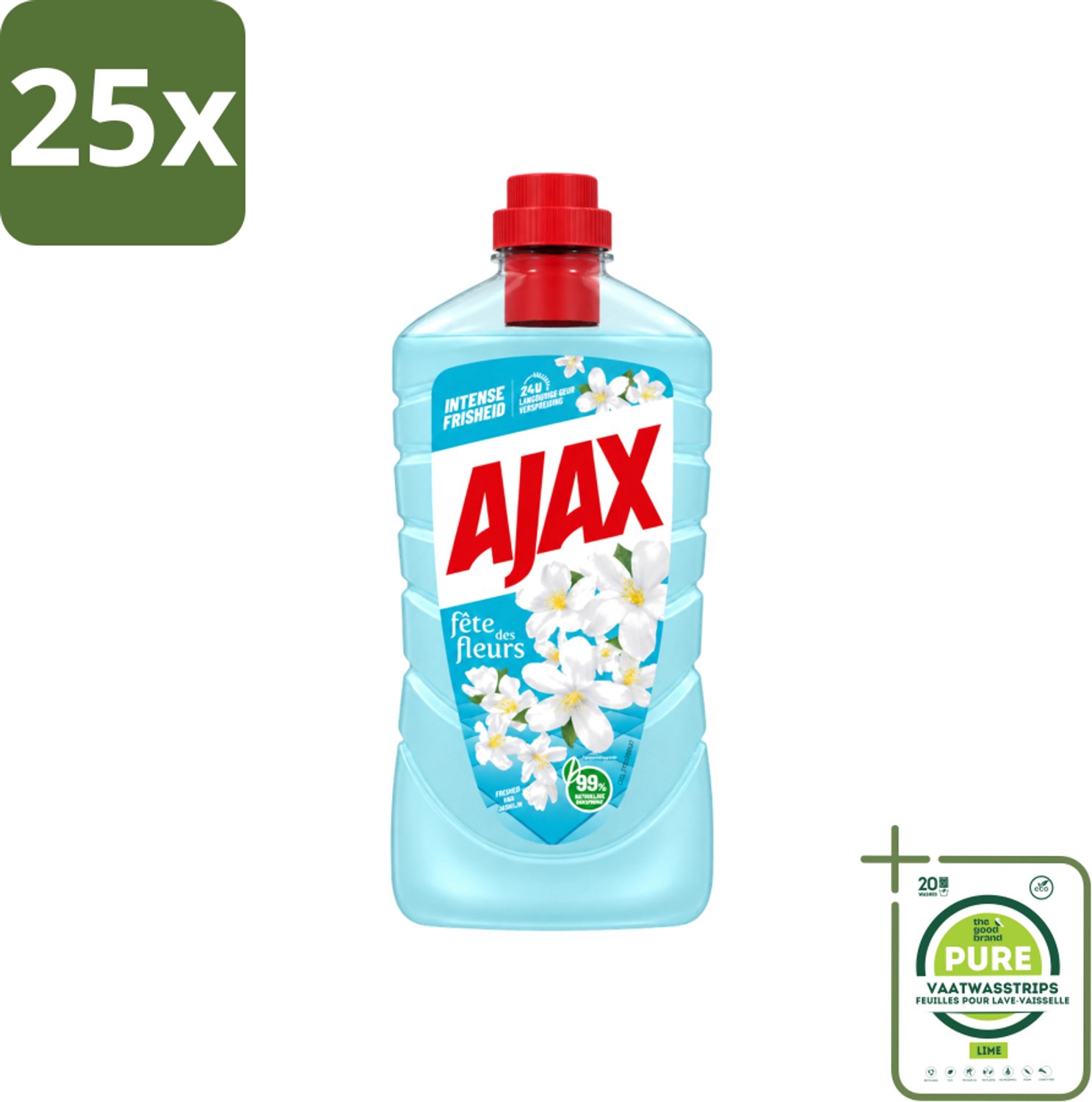 25 x Ajax – Allesreiniger – Jasmijn - 1000 ml - Grootverpakking - Vaatwasstrips - Allesreiniger - Jasmijngeur - Schoonmaken - Vloer Reinigen - Keuken Reinigen