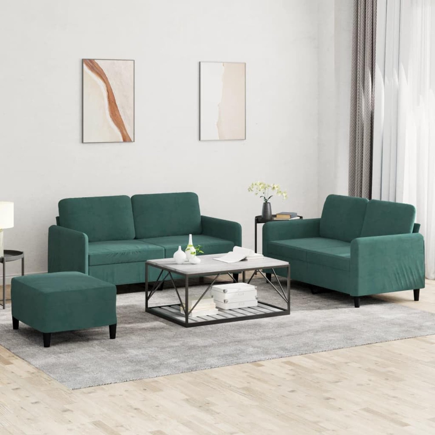 Fluwelen bankstel, 3-delig, zacht velours, robuust frame, comfortabele zitplaatsen, veelzijdige kruk, woonkamer, meubels, compact design, stabiele constructie