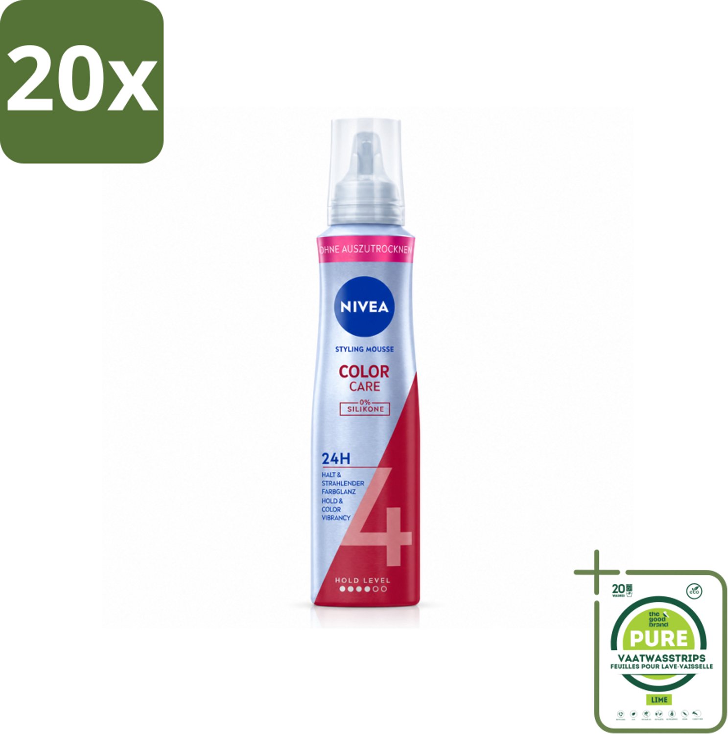 20 x NIVEA – Haarmousse – Color Care & Protect – 150 ml - Grootverpakking - Vaatwasstrips - Haarkleur Bescherming - Haarmousse - Panthenol - Vitamine B3 - Heat Activated Care Technology