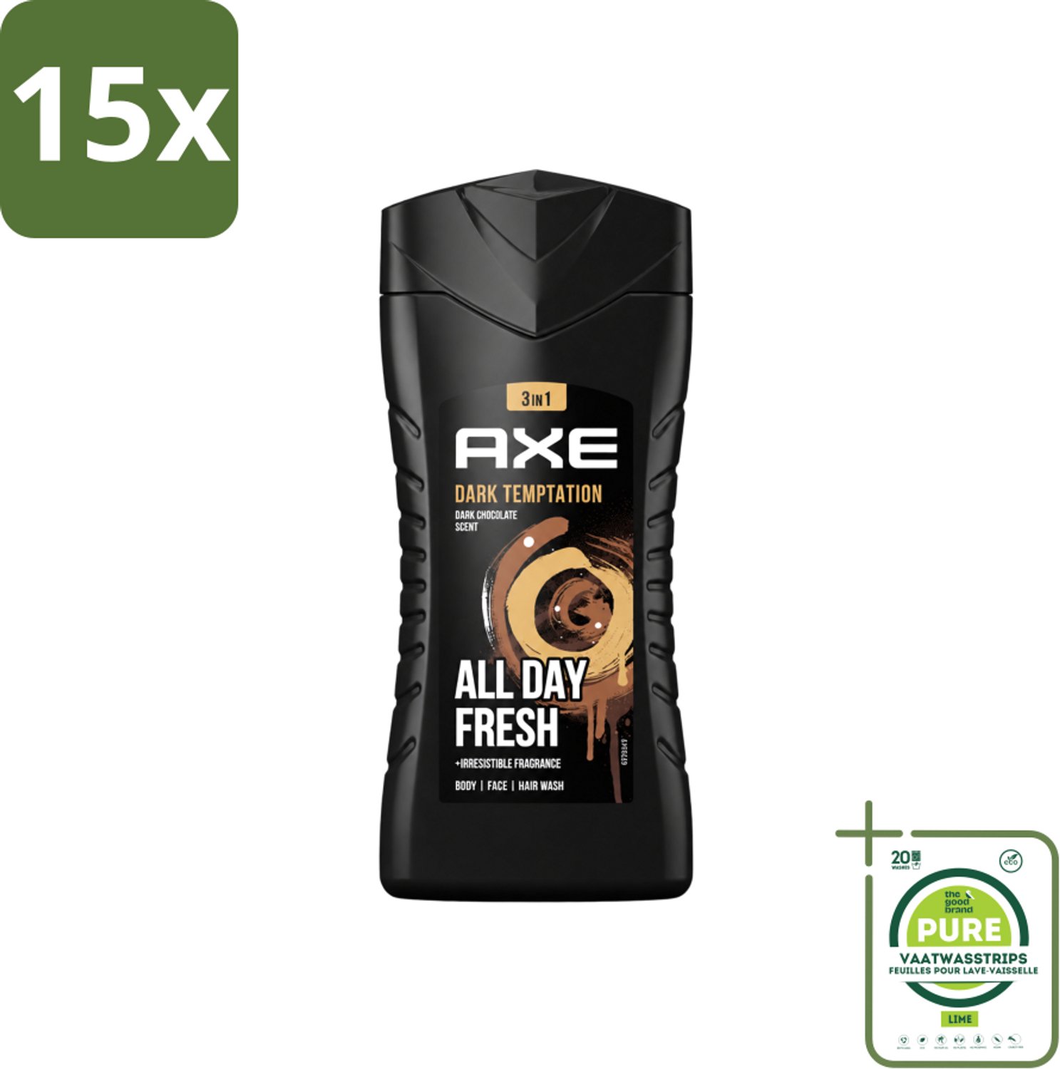 15 x Axe - 3-in-1 Douchegel - Dark Temptation - Dark Chocolate - 12hrs Long Lasting Scent - 250 ml - Grootverpakking - Vaatwasstrips - Douchegel - Geur - Lichaam - Gezicht - Haar