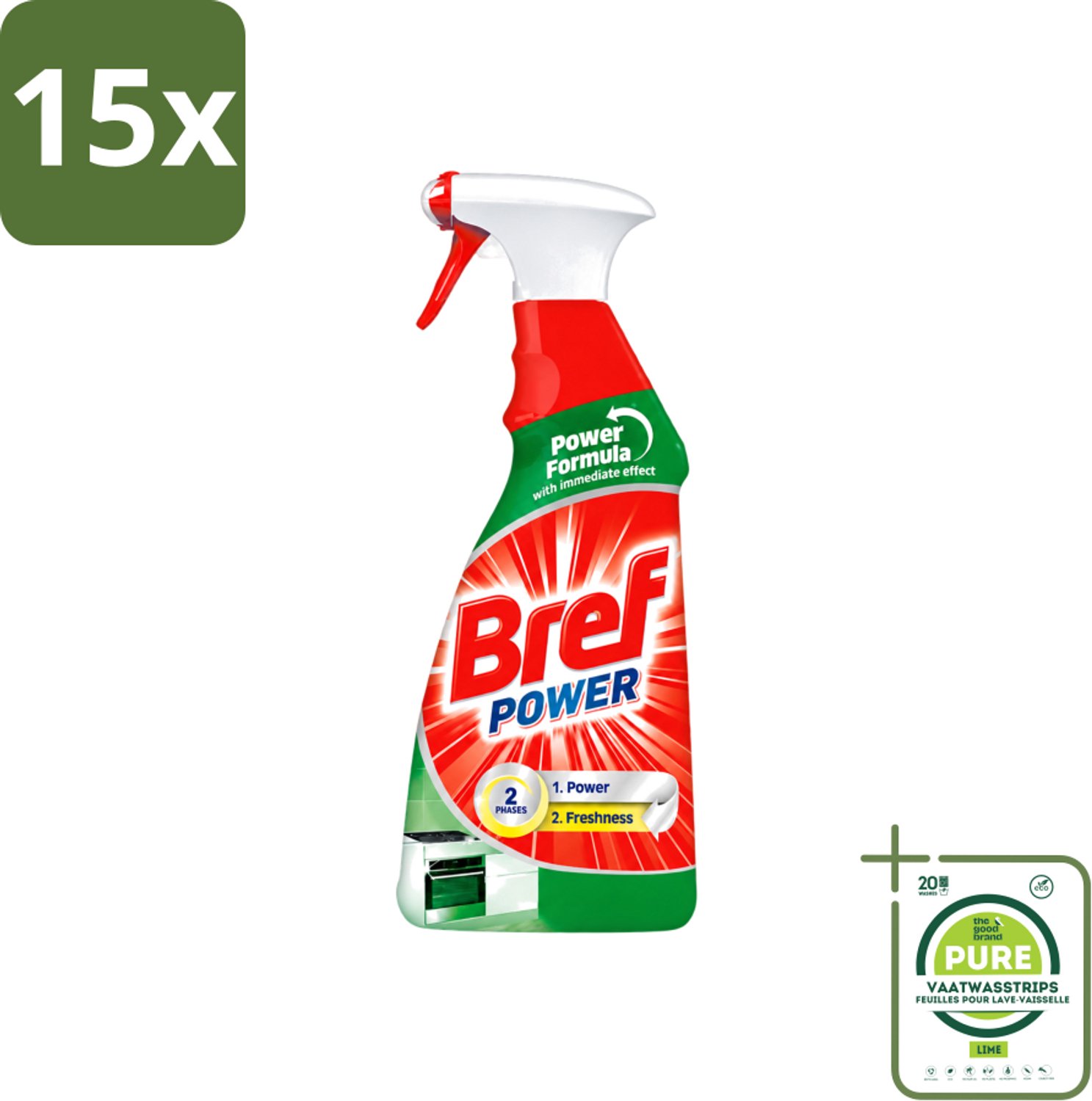 15 x Bref Power - Keukenreiniger - Spray - Ontvetter - 750 ml - Grootverpakking - Vaatwasstrips - Keukenreiniger - Ontvettingscrème - Vet Verwijderen - Krachtige Spray - Keuken Reinigen