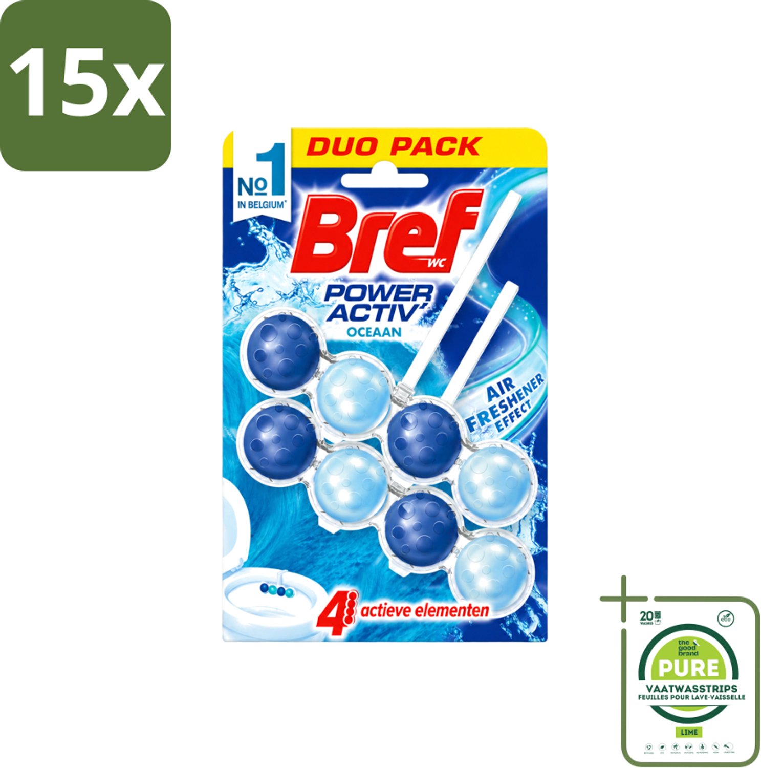 15 x Bref WC - Power Activ+ - Toiletblok - Oceaan - 2 Blokken - Grootverpakking - Vaatwasstrips - Toilet Reinigen - Toilet Schoon Houden - Toilet Reinigingsblok - Oceaan Geur - Anti-kalk Toilet