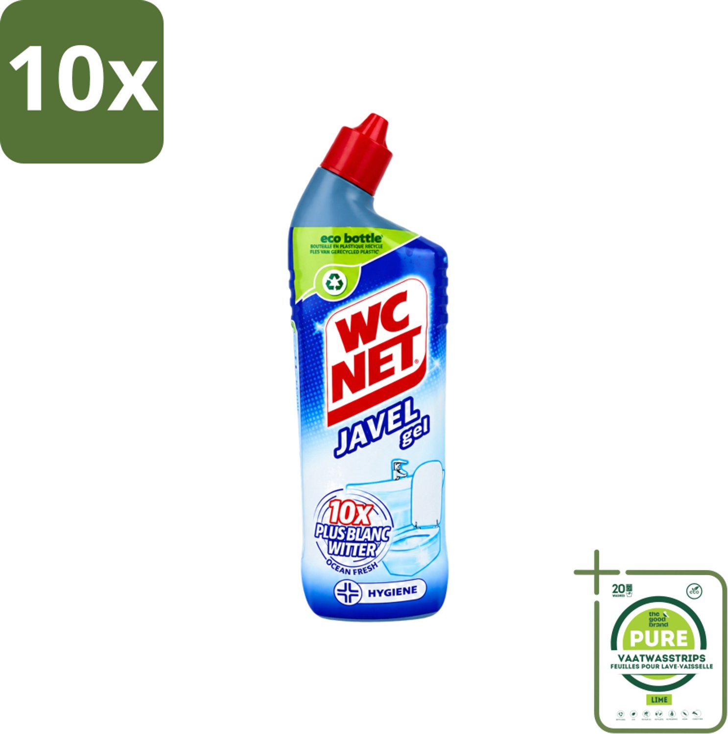 10 x WC Net - Toiletreiniger - Gel - Ocean Fresh - Gerecycled Materiaal - 750 ml - Grootverpakking - Vaatwasstrips - WC Net Gel - Toilet Reiniger - Toilet Reinigen - Toilet Reiniger Gel - Instant White Toilet