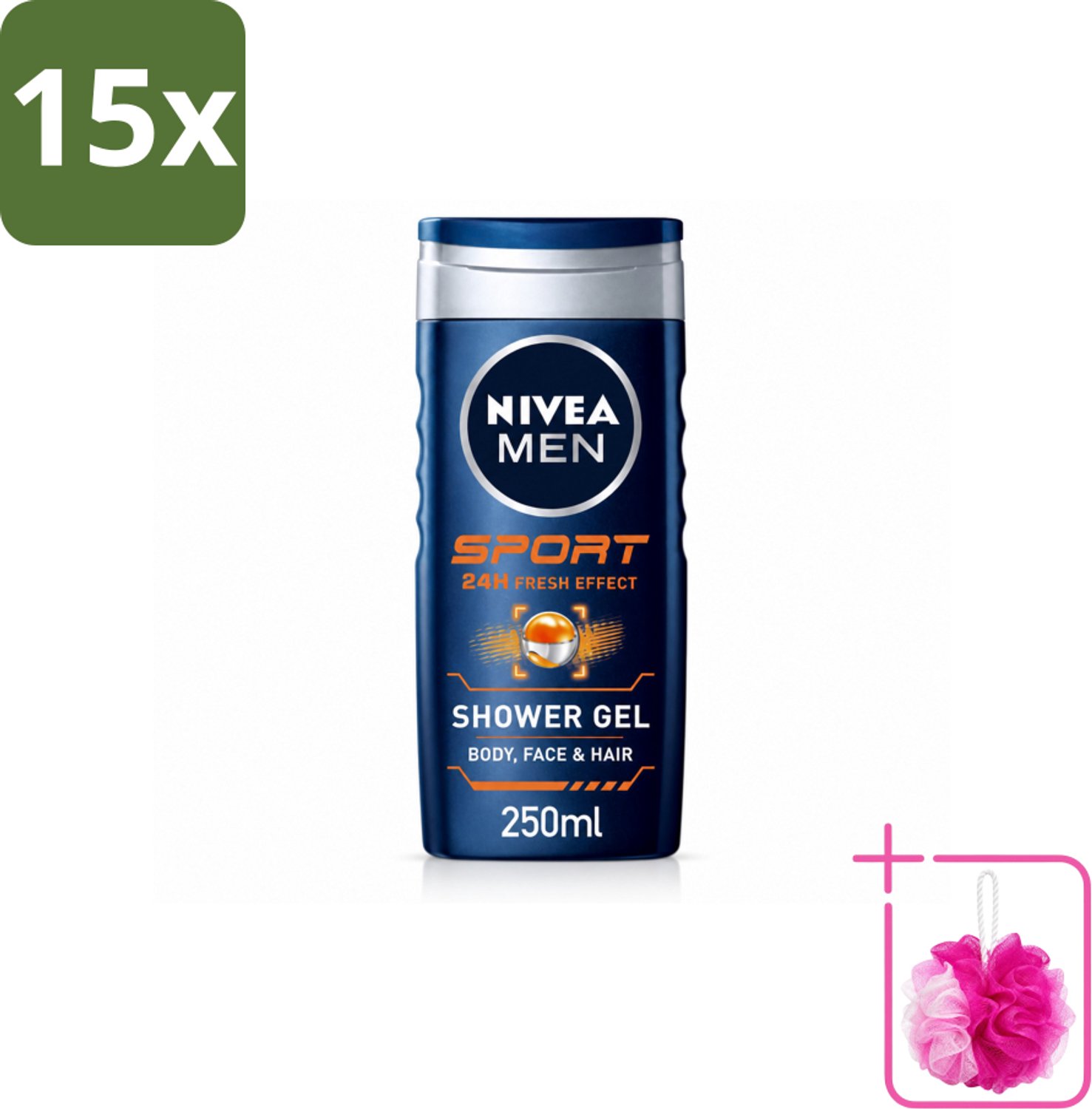 15 x NIVEA MEN – Douchegel – Sport – 250 ml - Bulkverpakking - Sportdouchegel - Douchemop - Fris na sporten