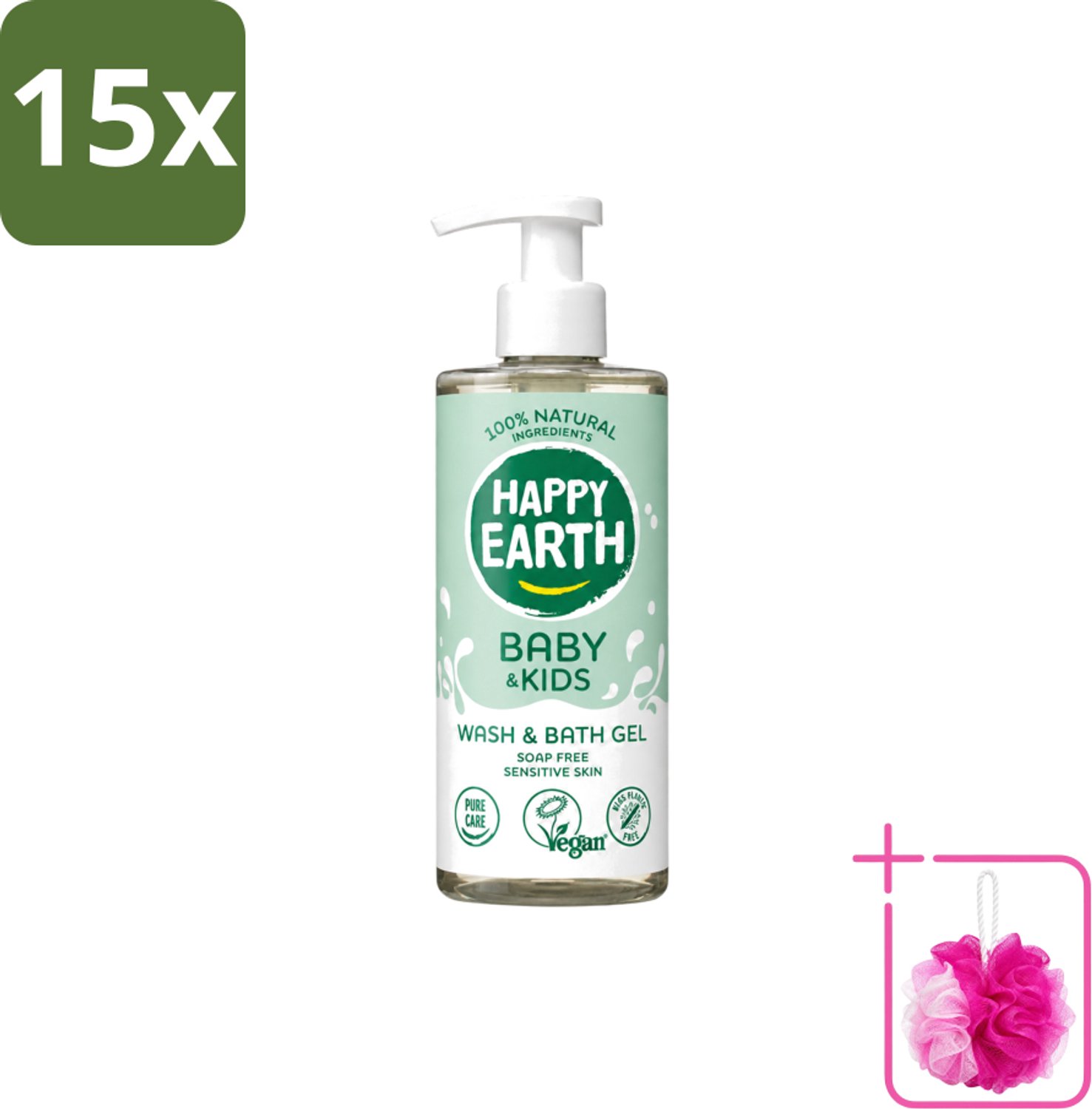 15 x Happy Earth – Was & Badgel – Zeepvrij Baby & Kids – 300 ml - Bulkverpakking - Wasgel - Douchemop - Huidverzachter