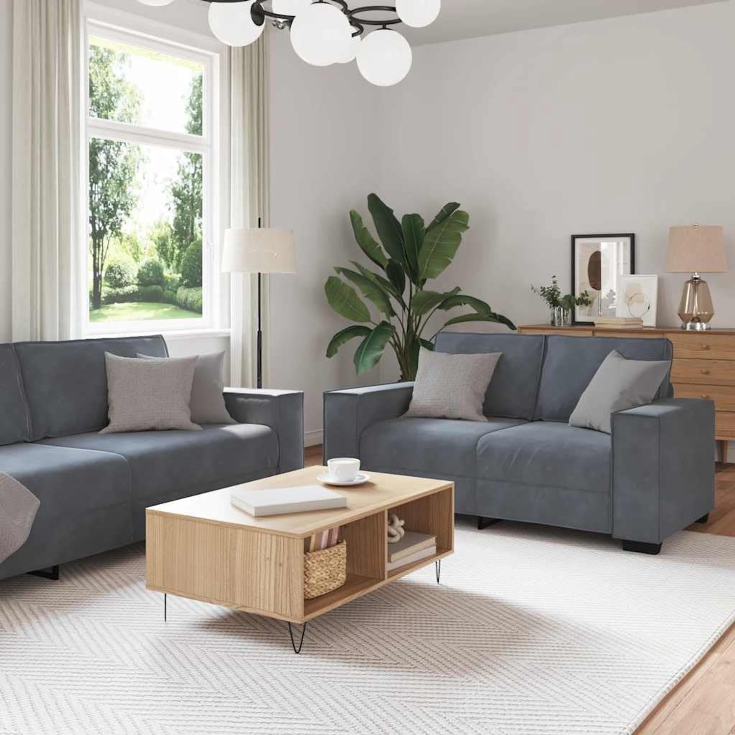 2-delige sofaset met kussen, donkergrijs fluweel, zachte gestoffeerde meubels voor woonkamer en kantoor met robuust houten metalen frame, brede armleuningen en comfortabele zitting