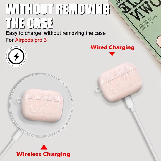 Beschermhoes, compatibel met AirPods Pro 3, Sparkle tas met parelsleutelhanger voor vrouwen, schokbestendig, ultradun, TPU, antislip, krasbestendig, anti-stof, roze — afbeelding 2