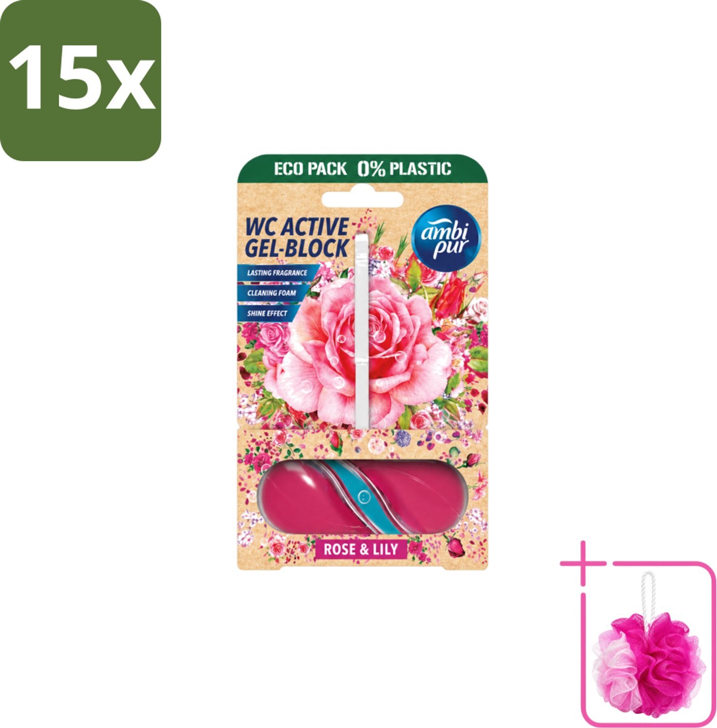 15 x Ambi Pur – Toiletblok – Roos & Lelie – 45 g - Bulkverpakking - Toiletblok roos en lelie - Douchemop - Frisse geur toilet
