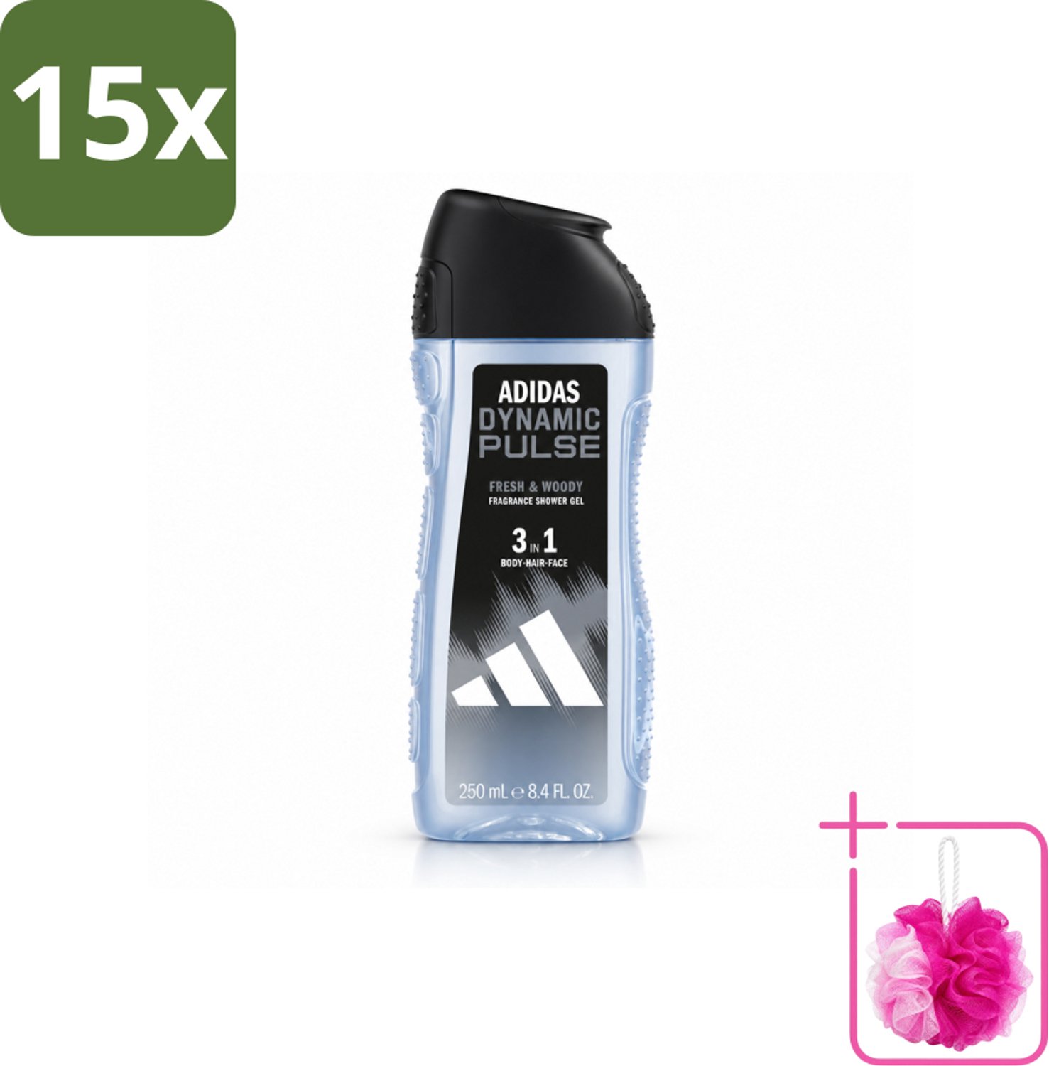 15 x Adidas – Douchegel 3-in-1 – Dynamic Pulse – 250 ml - Bulkverpakking - Douchegel - Douchemop - Sportieve geur