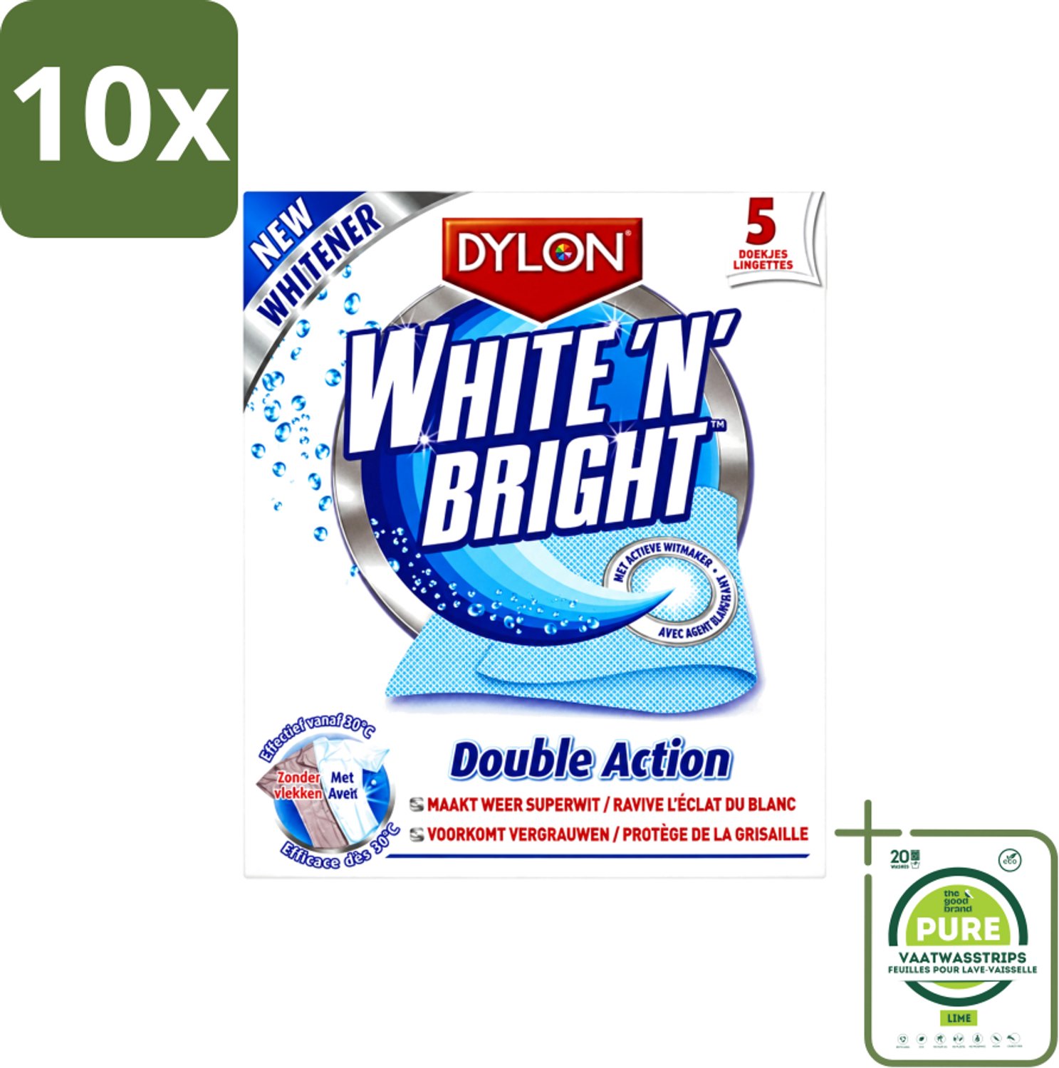 10 x Dylon - Vlekverwijderaar - White & Bright - Superwit & Vlekkeloos - 5 Doekjes - Grootverpakking - Vaatwasstrips - Wit Maken Kleding - Vlekverwijderaar - Wit Textiel - Koffievlek - Theevlek