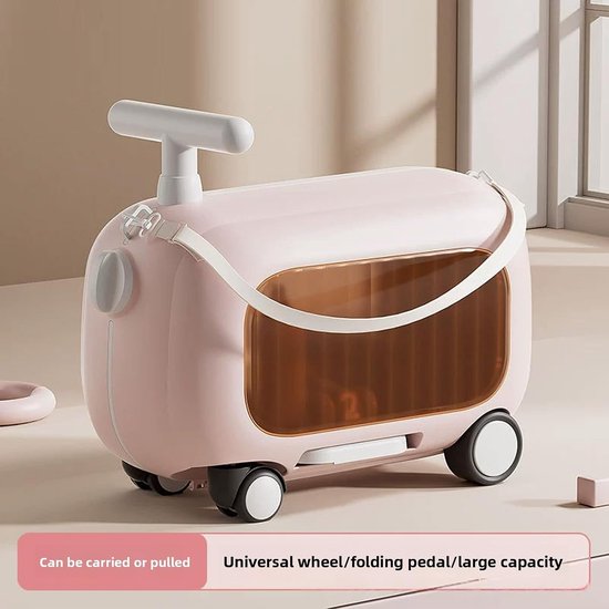 Kinderrit op Bagage, Multifunctionele Berijdbare Koffer voor Peuters met 90 Graden Opvouwbare Pedalen, Capaciteit van 25 Kg, Handbagage voor Kinderen (Rozet)
