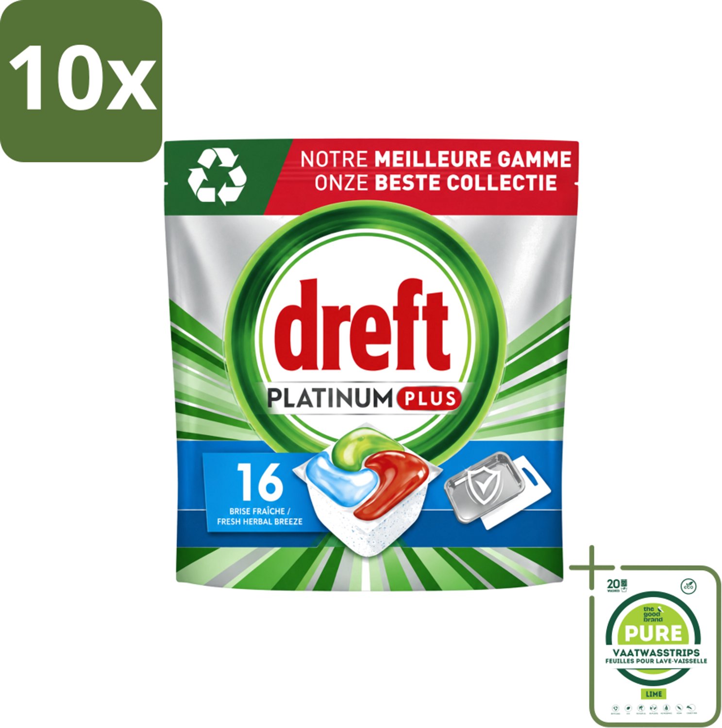 10 x Dreft Platinum Plus - All In One - Vaatwascapsules - Fresh Herbal Breeze - 16 Afwasbeurten - Grootverpakking - Vaatwasstrips - Vaatwassen - Vaatwassen Capsule - Vaatwassen Kruidgeur - Vaatwassen Glans - Vaatwassen Eco