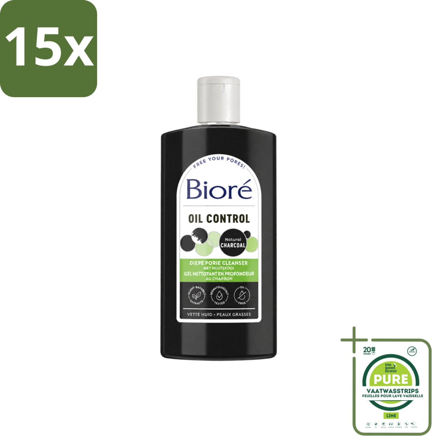 15 x Bioré – Houtskool Reinigingsgel – Gezichtsreiniger – 200 ml - Grootverpakking - Vaatwasstrips - Gezichtsreiniger - Houtskool - Diepe Reiniging - Vet Huid - Gecombineerde Huid