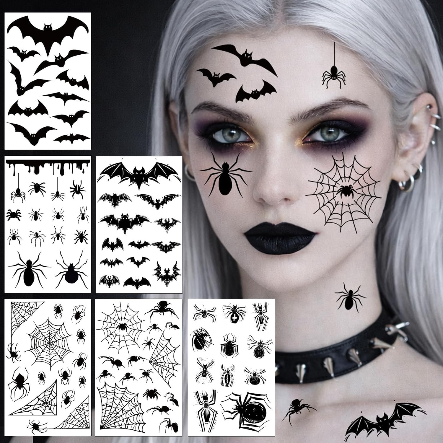 Gezichtstatoo voor carnaval, 6 vellen in grote maten, 3D, realistische vleermuis, spinnen, tattoo, gezicht, heksenaccessoires, make-up accessoires voor carnaval, Halloween