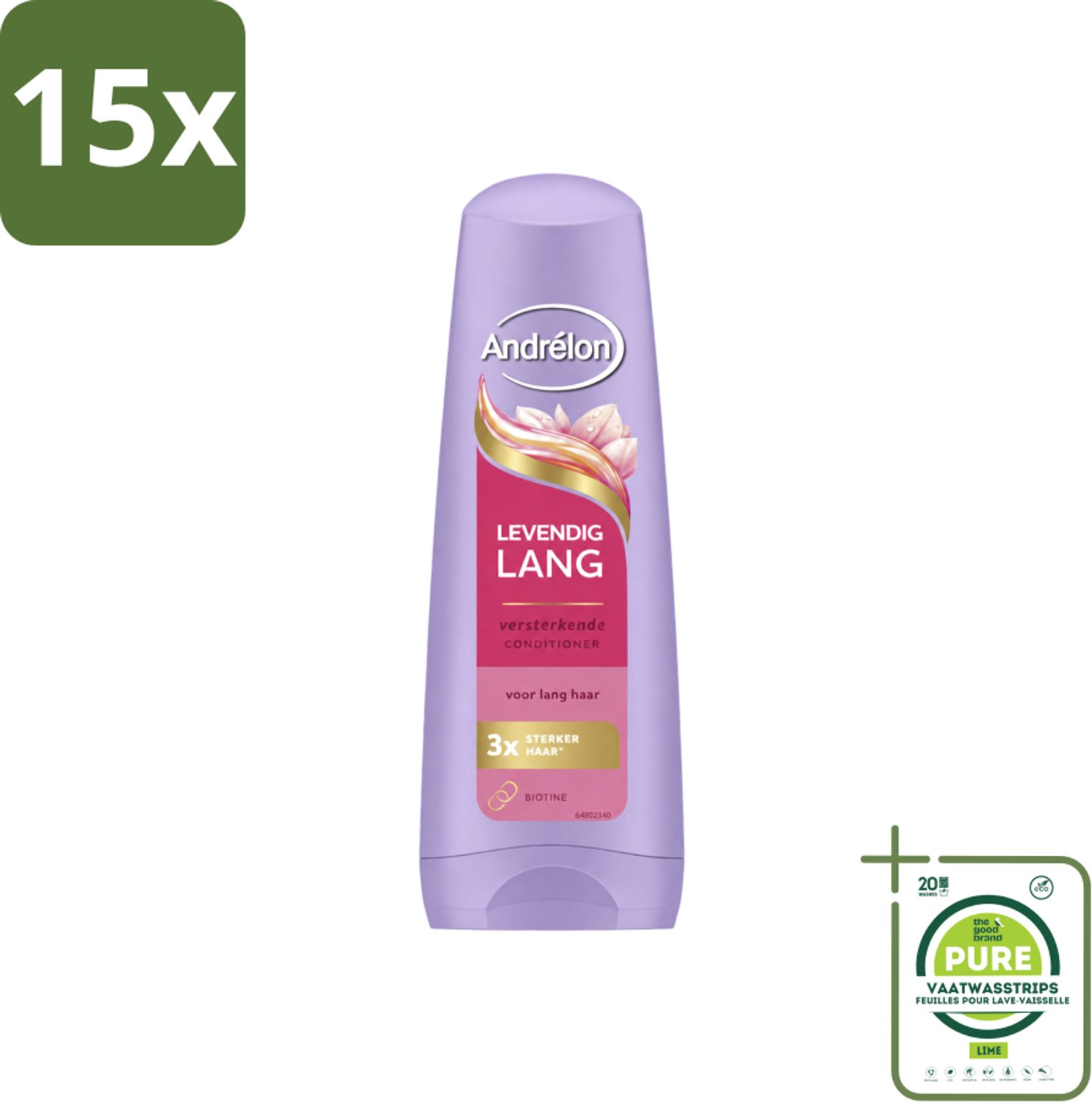 15 x Andrélon – Conditioner – Levendig Lang – 200 ml - Grootverpakking - Vaatwasstrips - Lang Haar Verzorgen - Haar Versterken - Haar Verzorgen - Haar Breuk Voorkomen - Biotine Voor Haar