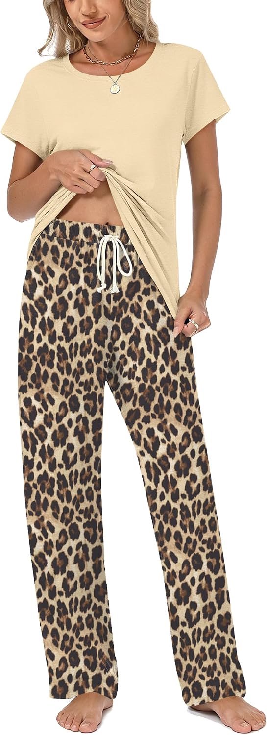 Pyjama voor Vrouwen Leuke Pjs Set Zachte Co ord Sets Loungewear Korte Mouw Pjs Dames Pyjama Nachtkleding Pyjama Bottoms Broek met Zakken Trekkoord Nachtkleding
