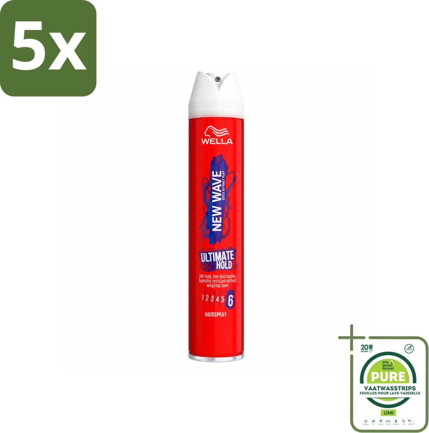 5 x Wella – New Wave Ultimate Hold – Haarspray – 400 ml - Grootverpakking - Vaatwasstrips - Haarspray - Fixatiespray - Stijl - Hold - UV Bescherming