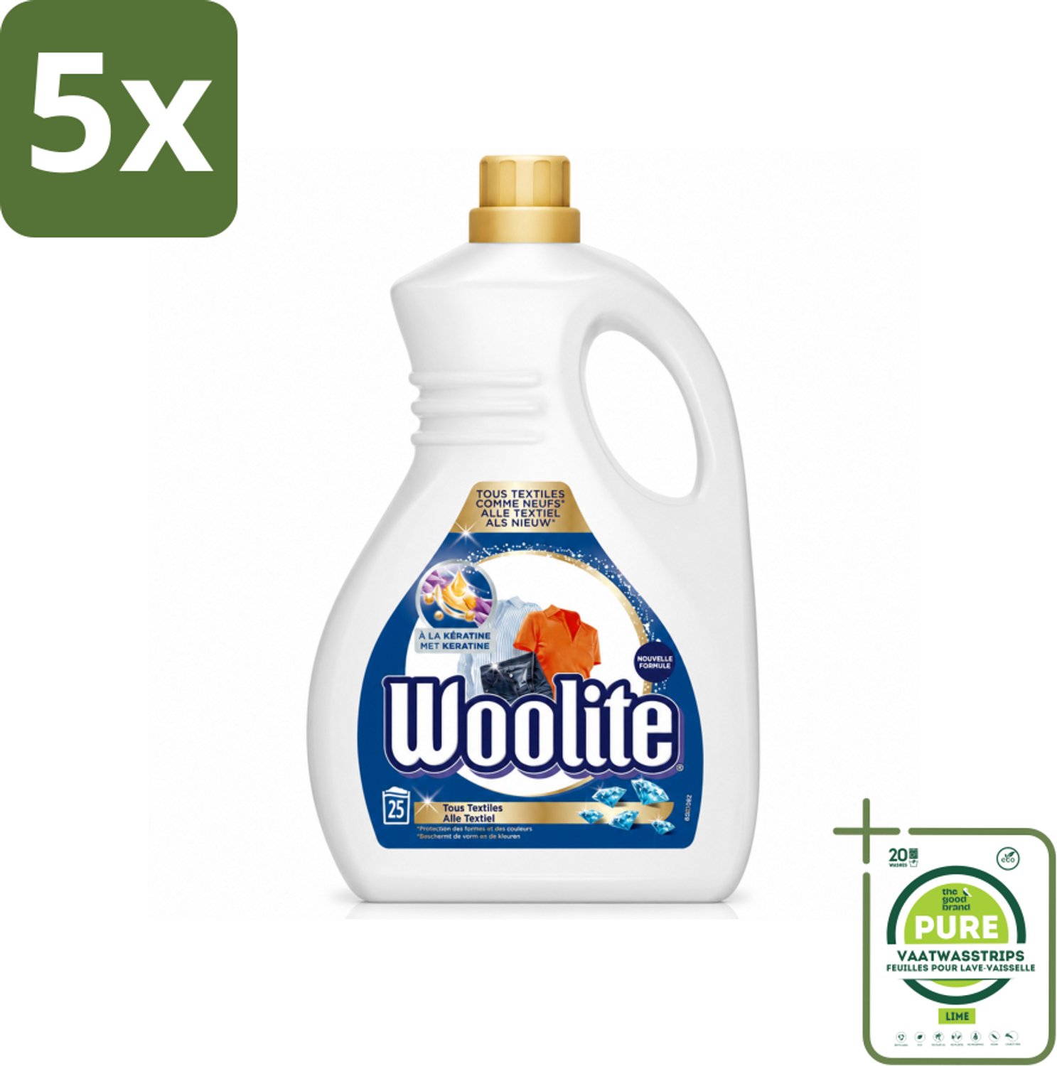5 x Woolite - Wasmiddel - Vloeibaar Wasmiddel - Alle textiel - 25wb/1,5L - Grootverpakking - Vaatwasstrips - Wasmiddel Voor Textiel - Keratine Wasmiddel - Textiel Verzorging - Pluisvermindering - Wasmiddel Voor Jeans