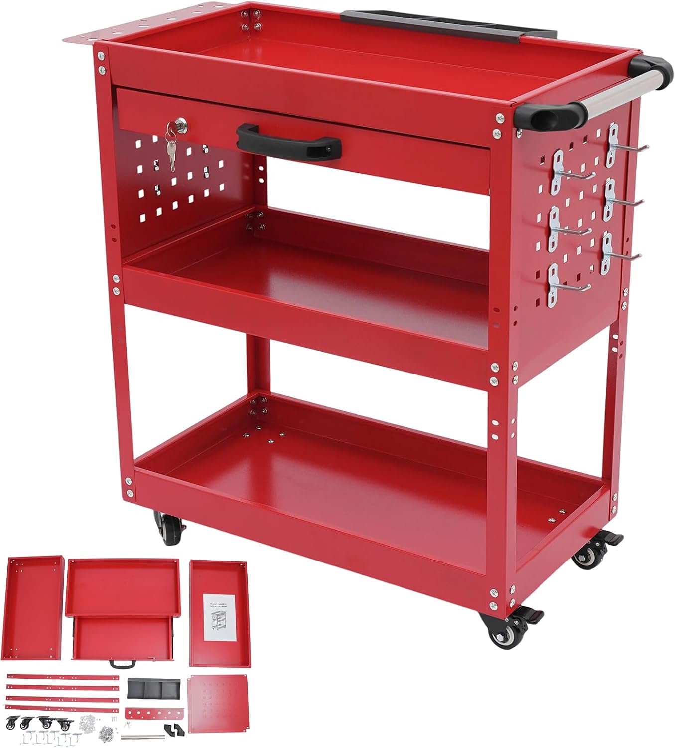 3 niveaus, rolgereedschapswagen, gereedschapswagen met wielen, 150 kg, mobiele gereedschapskast met sleutel, werkplaatswagen, voor auto-onderhoud, werkplaatsen (rood)