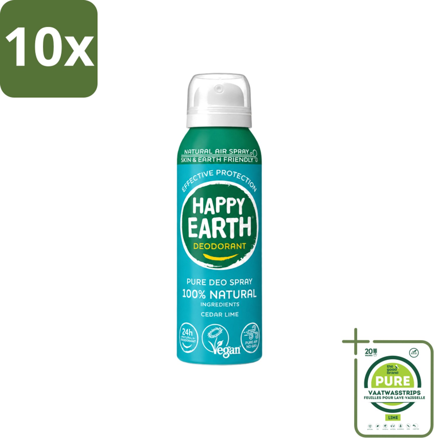 10 x Happy Earth – Deodorant Natural Air Spray – 100% Natuurlijk Cedar Lime – 100 ml - Grootverpakking - Vaatwasstrips - Natuurlijke Deodorant - Cederhout En Limoen - Aerosol Deodorant - 100% Natuurlijk - Luchttechnologie