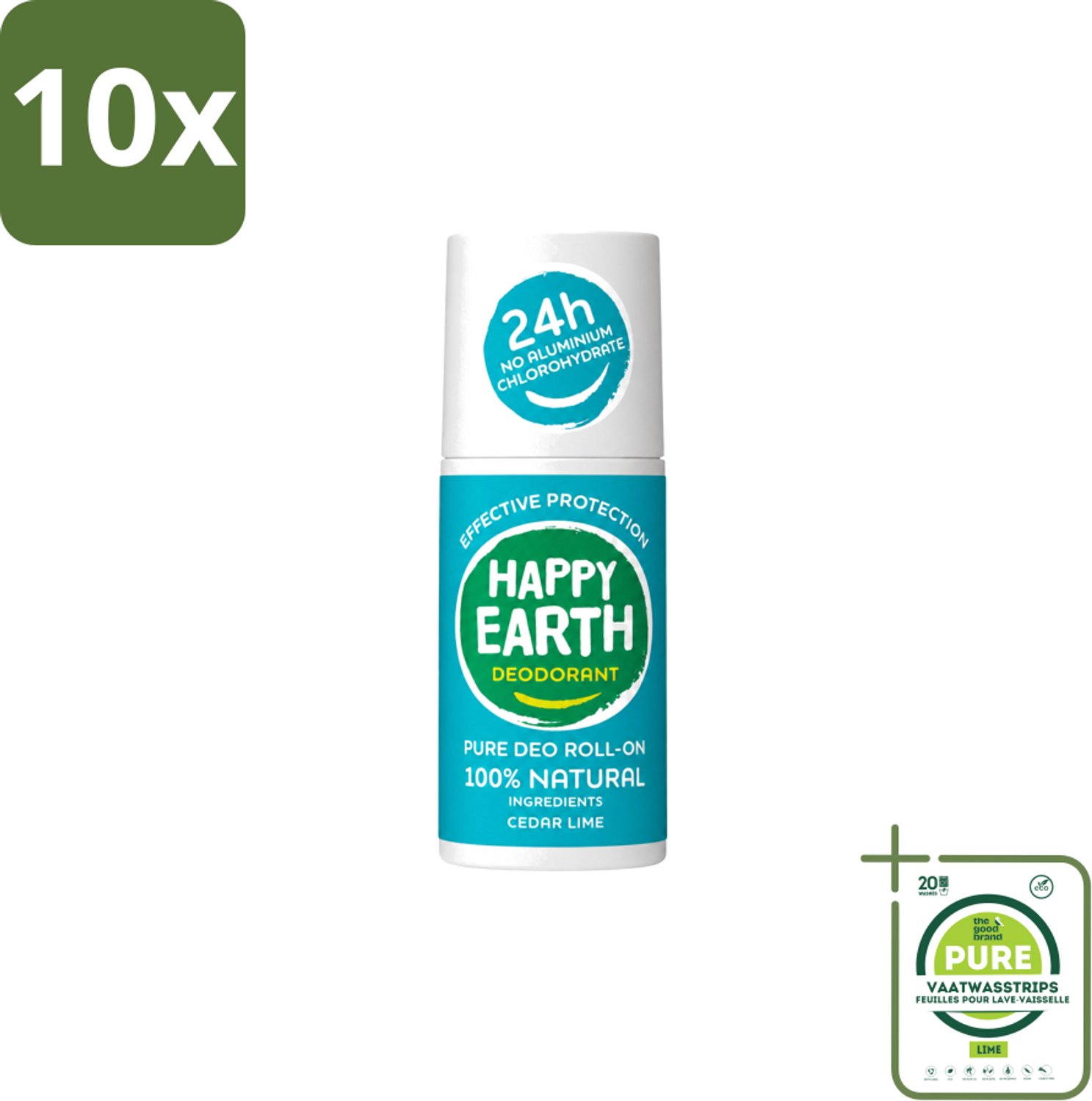 10 x Happy Earth – Deodorant Roll-On – 100% Natuurlijk Cedar Lime – 75 ml - Grootverpakking - Vaatwasstrips - Deodorant - Natuurlijke Deodorant - Cederhout En Limoen - Fris - Huidvriendelijk