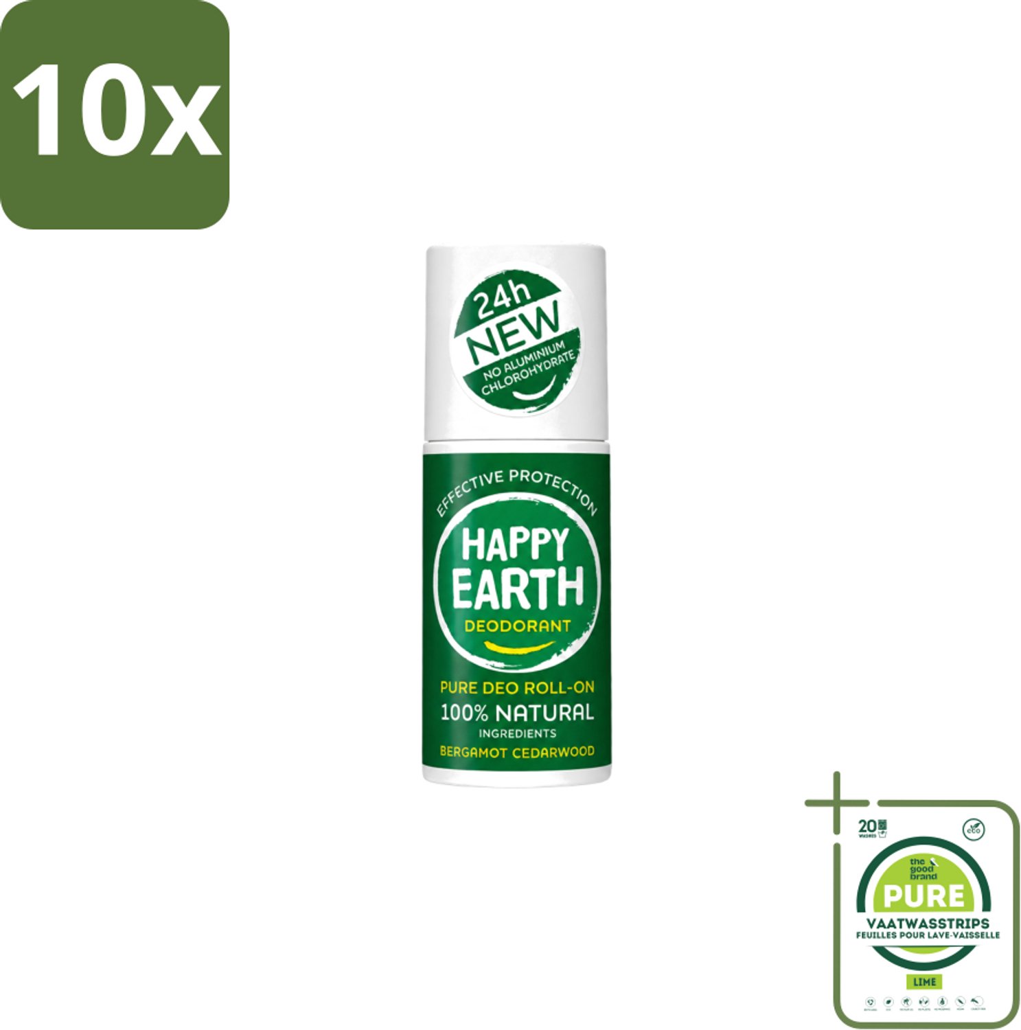 10 x Happy Earth – Deodorant Roll-On – 100% Natuurlijk Bergamot Cedarwood – 75 ml - Grootverpakking - Vaatwasstrips - Bergamot - Cederhout - Natuurlijke Deodorant - Roll-on Deodorant - 24 Uur Bescherming