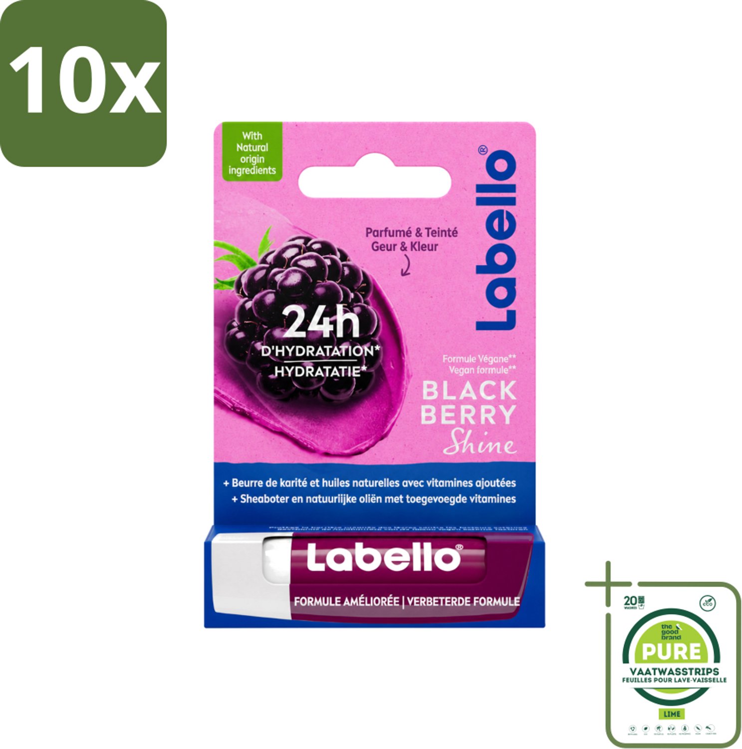 10 x Labello – Lippenbalsem – Blackberry Shine – Lippenbalsem – Shea Boter & Jojoba Olie – 5,5 ml - Grootverpakking - Vaatwasstrips - Lippenbalsem - Hydratatie - Glans - Braam - Natuurlijke Oliën