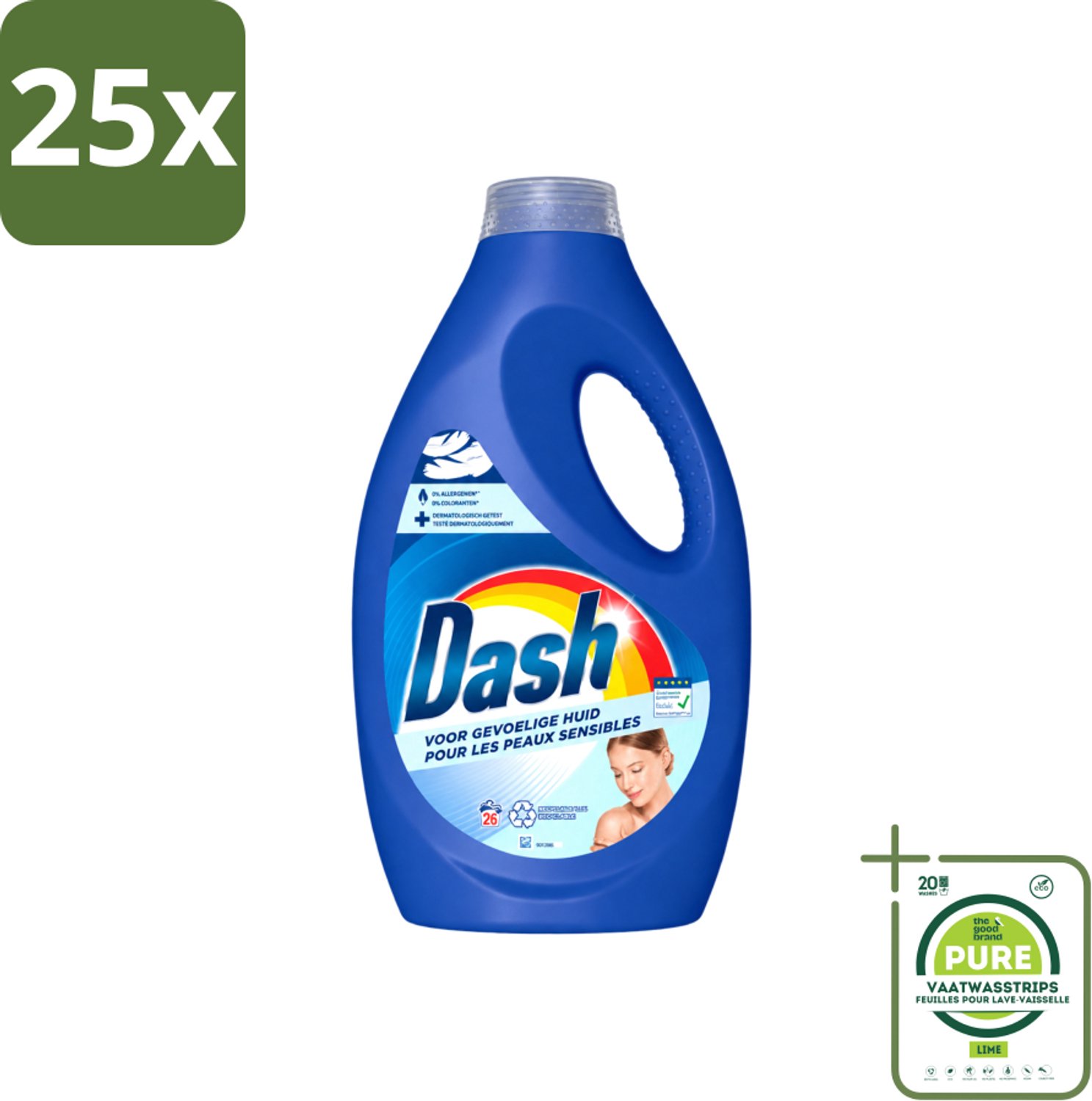 25 x Dash Sensitive - Vloeibaar Wasmiddel - Voor Gevoelige Huid - Witte en Gekleurde Was - 26 Wasbeurten - Grootverpakking - Vaatwasstrips - Gevoelige Huid - Wasmiddel - Zachte Was - Dermatologisch Getest - ECARF