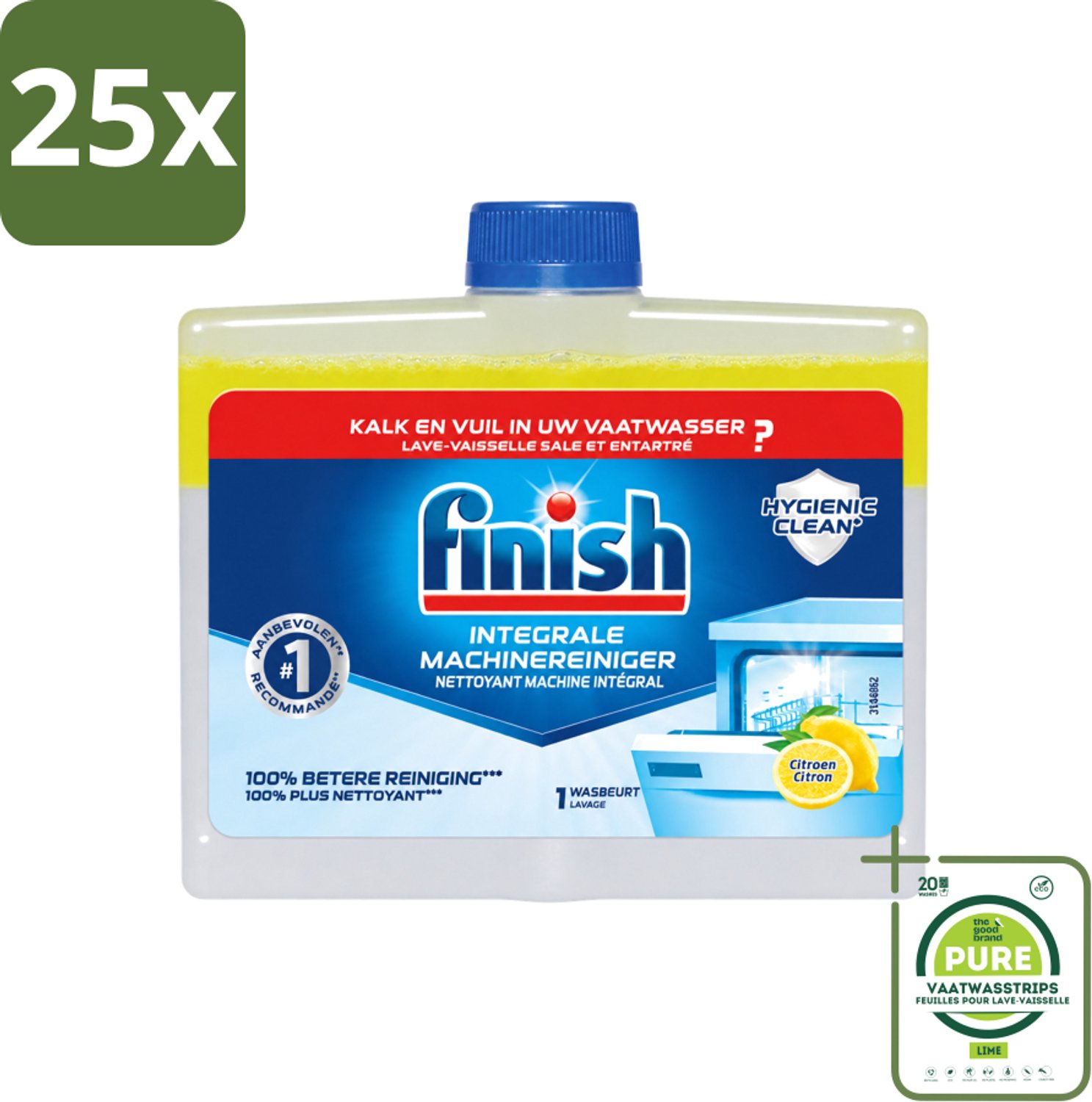 25 x Finish - Integrale Machinereiniger - Hygienic Clean - Anti-Kalk & Anti-Vuil - Citroen - 250ml - Grootverpakking - Vaatwasstrips - Vaatwasmachinereiniger - Vaatwasmachine Reinigen - Kalkverwijderen - Vetverwijderen - Vaatwasser Reinigen