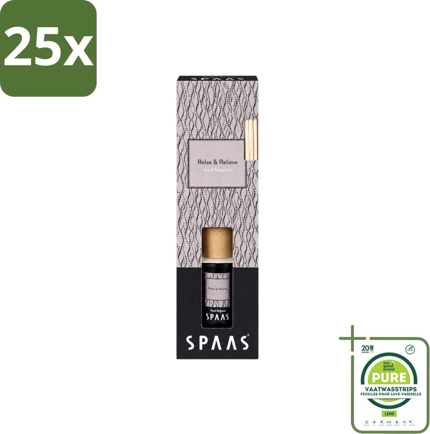 25 x Spaas - Geurstokjes - Relax & Relieve - Bergamotthee - 80 ml - Grootverpakking - Vaatwasstrips - Geurstokjes - Bergamotthee - Geurverspreider - Rustgevende Geur - Geurkaars